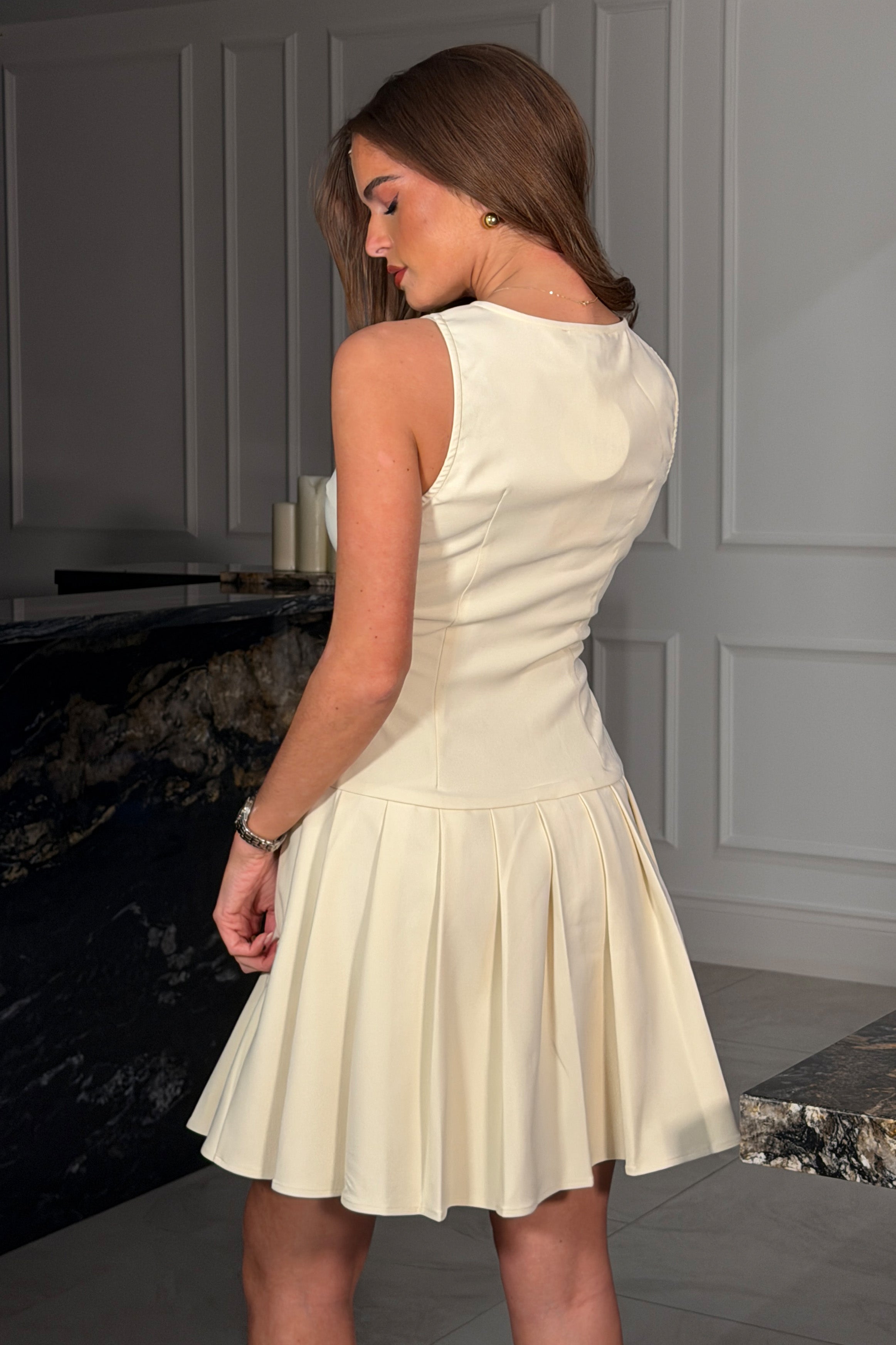 Penelope Tailored Pleated Mini Dress Cream