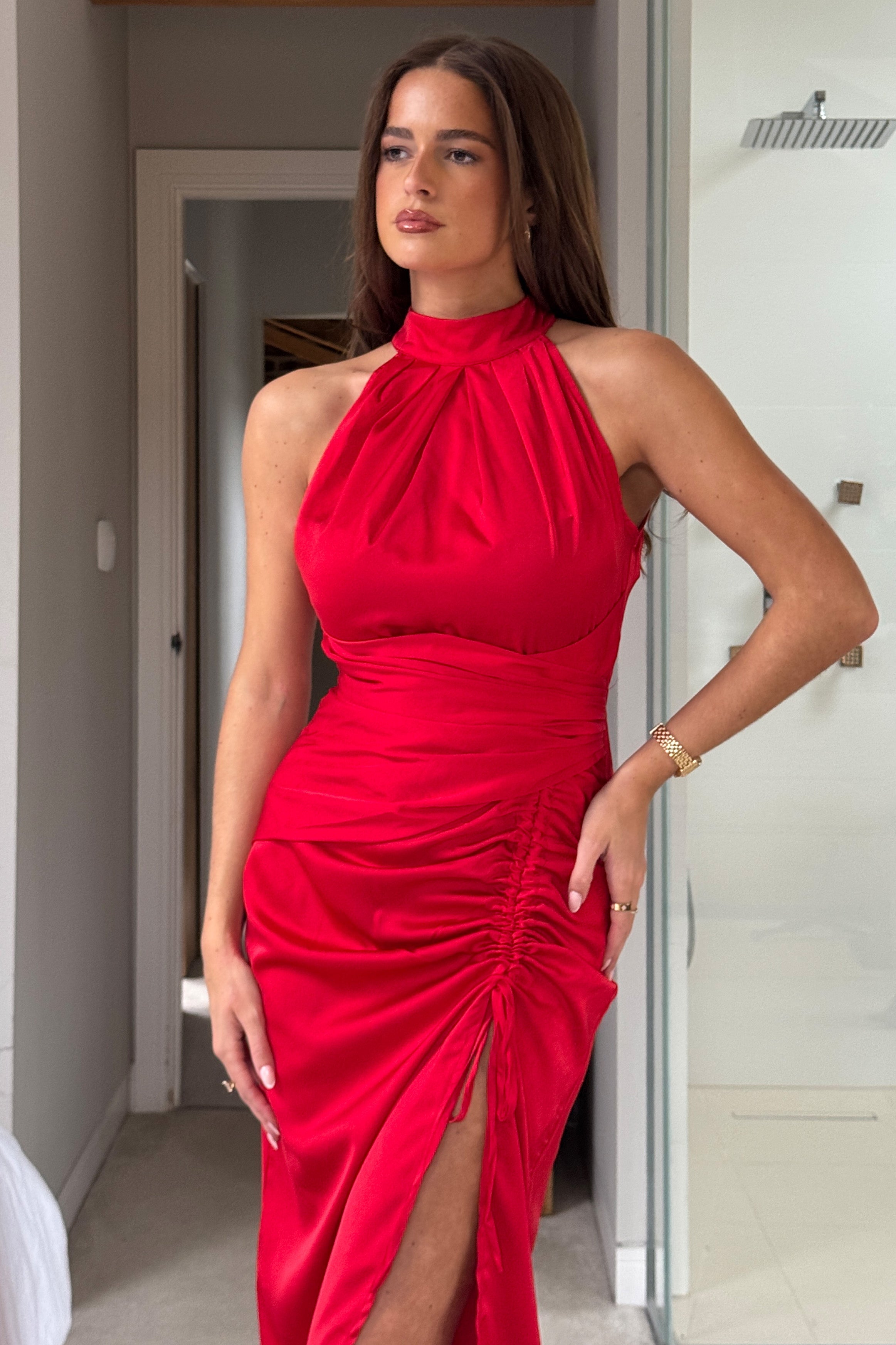 Maxine Ruched Detail Halterneck Midi Dress Red