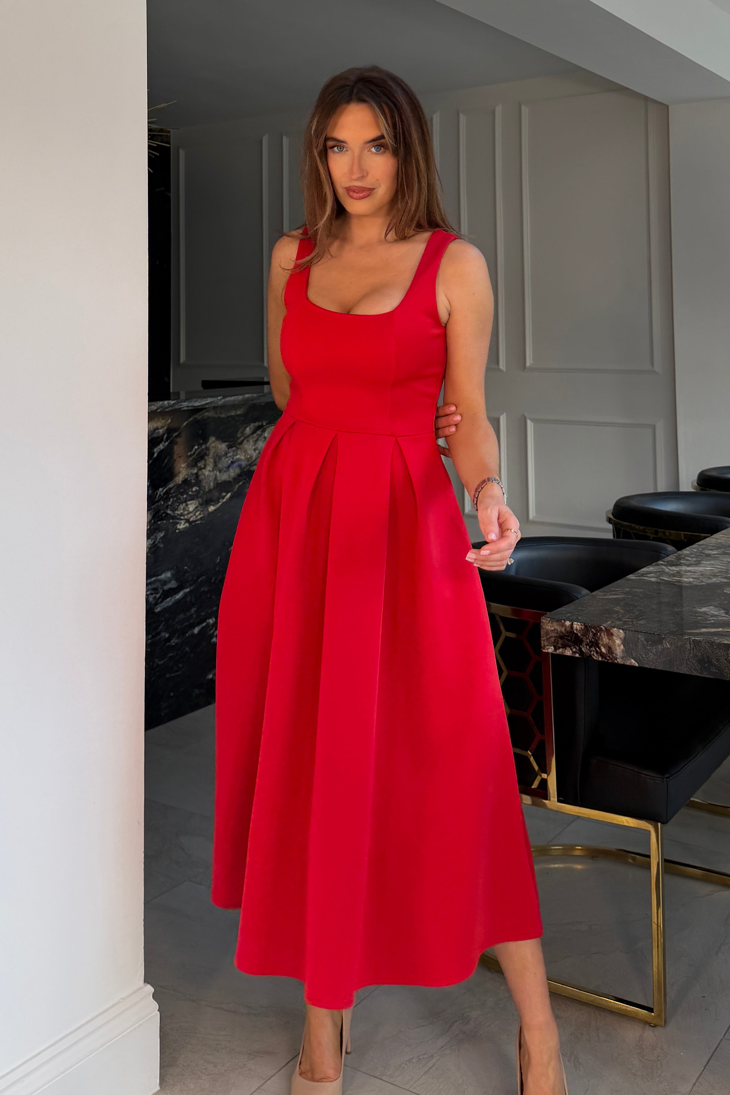 Erica Square Neck Pleated Midi Dress Red