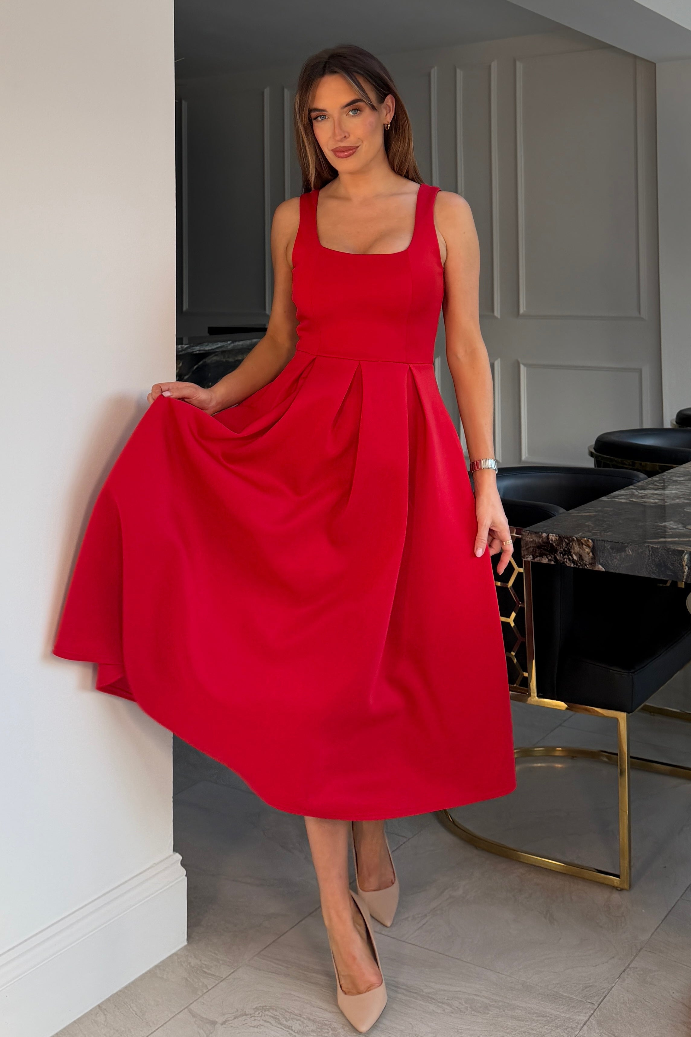 Erica Square Neck Pleated Midi Dress Red