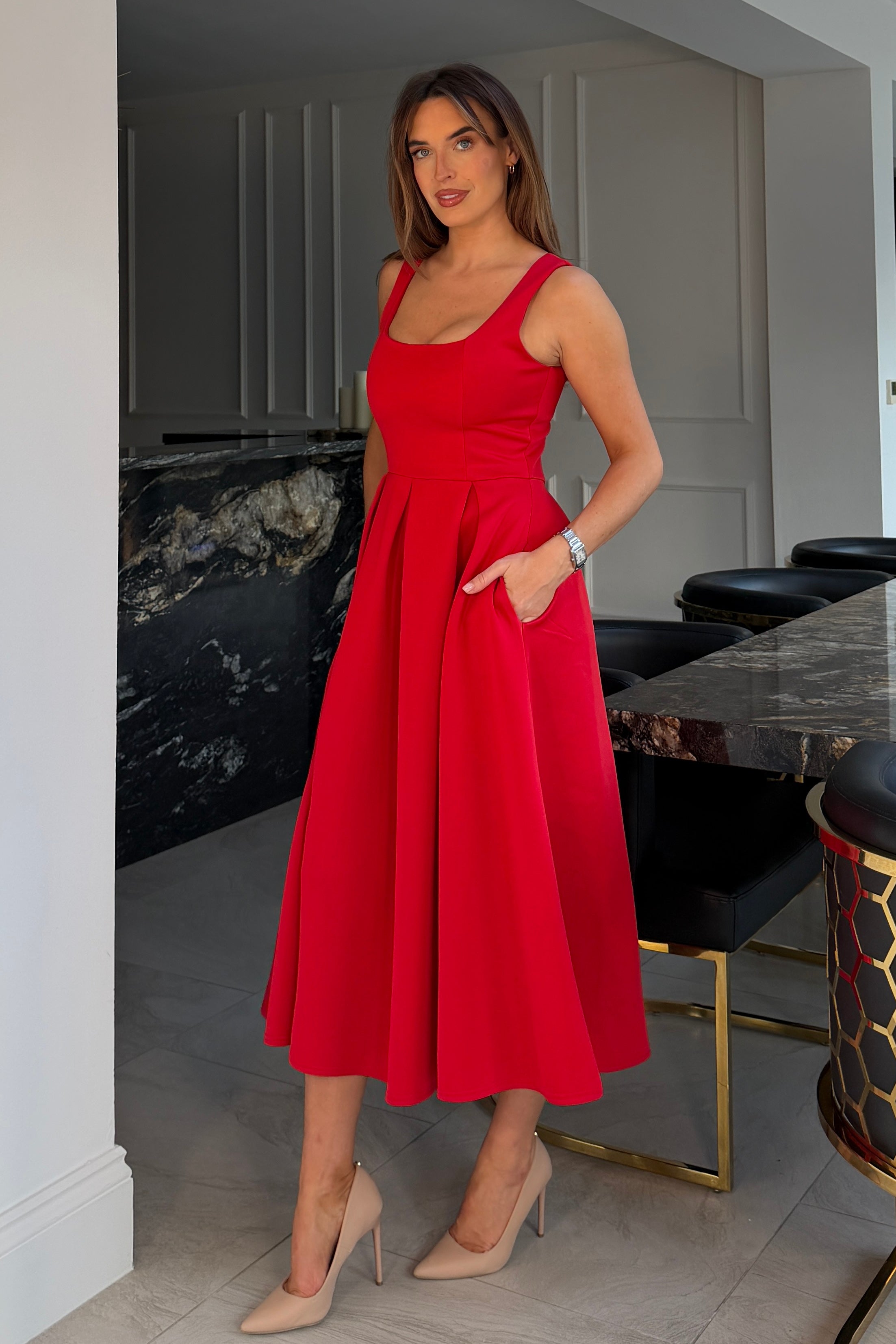 Erica Square Neck Pleated Midi Dress Red