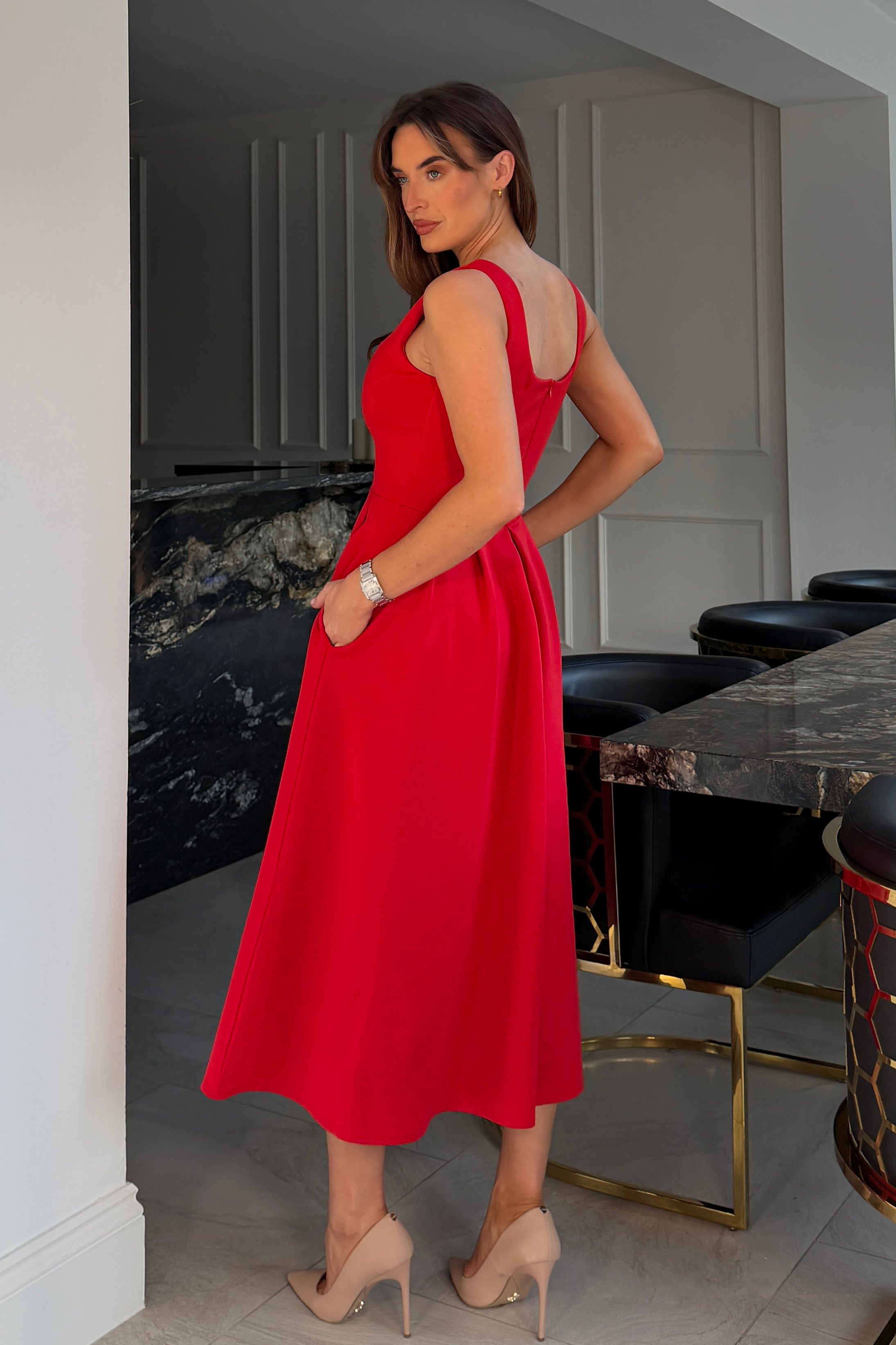 Erica Square Neck Pleated Midi Dress Red