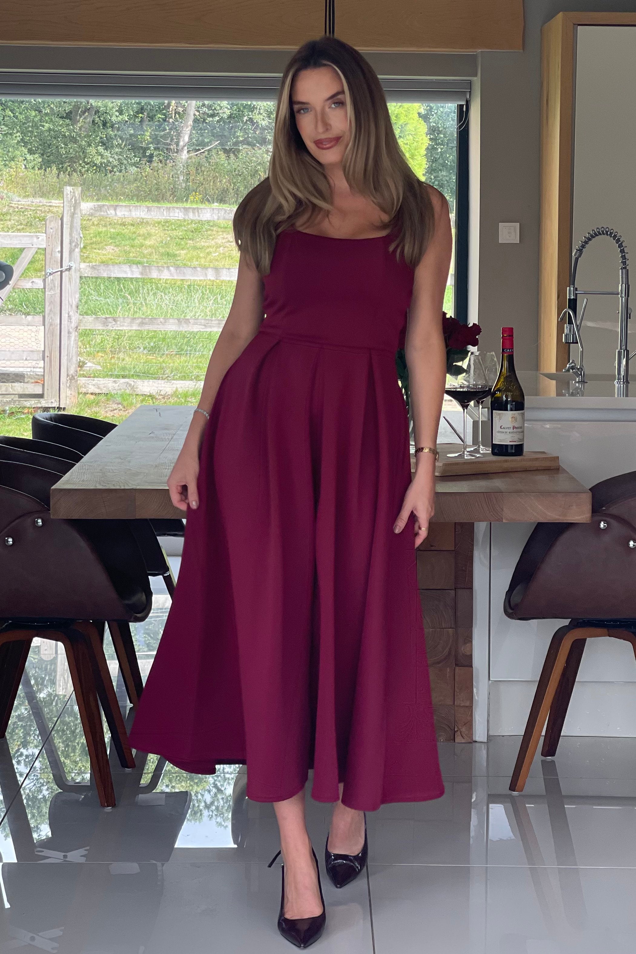 Erica Square Neck Pleated Midi Dress Berry