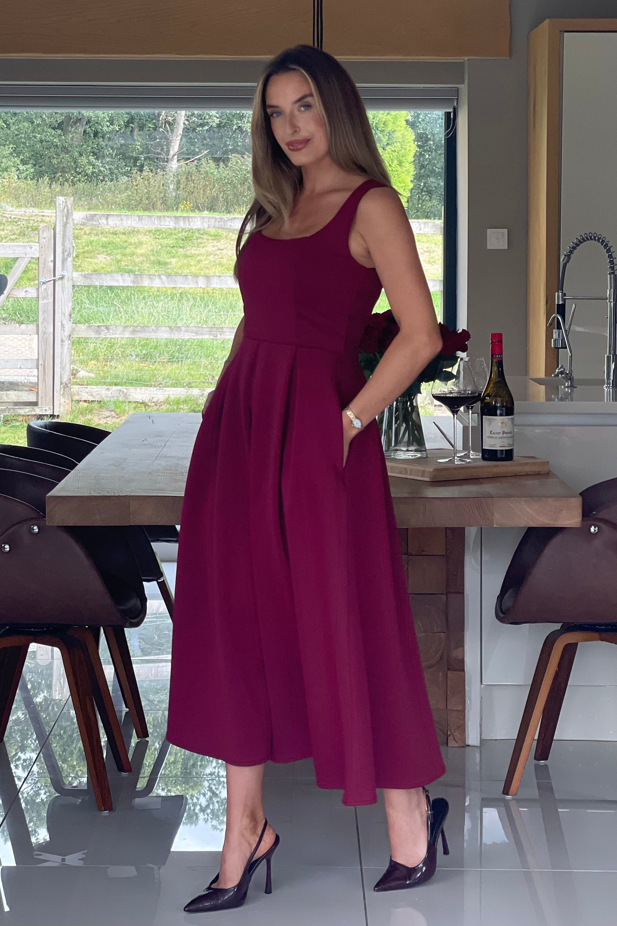 Erica Square Neck Pleated Midi Dress Berry