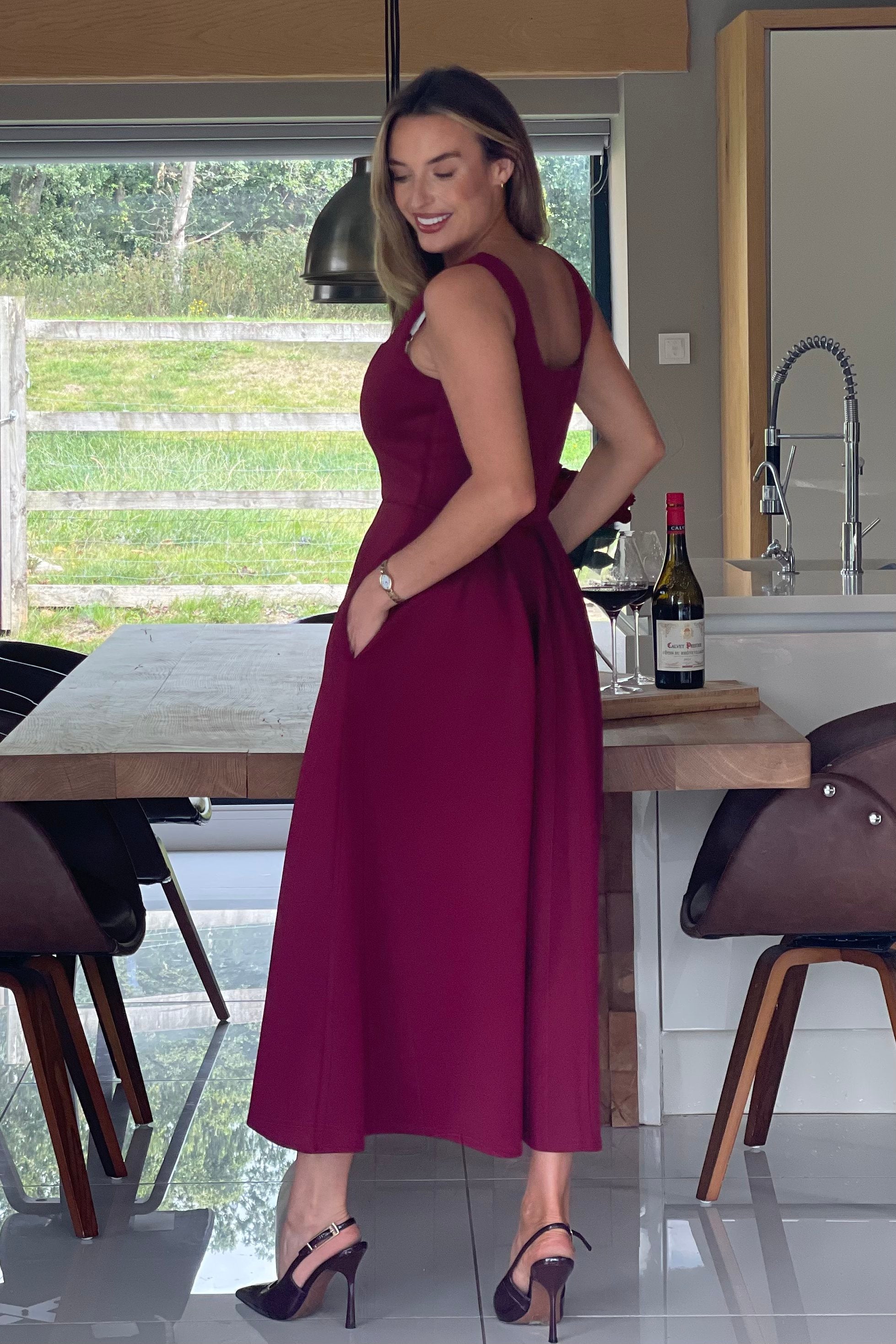 Erica Square Neck Pleated Midi Dress Berry