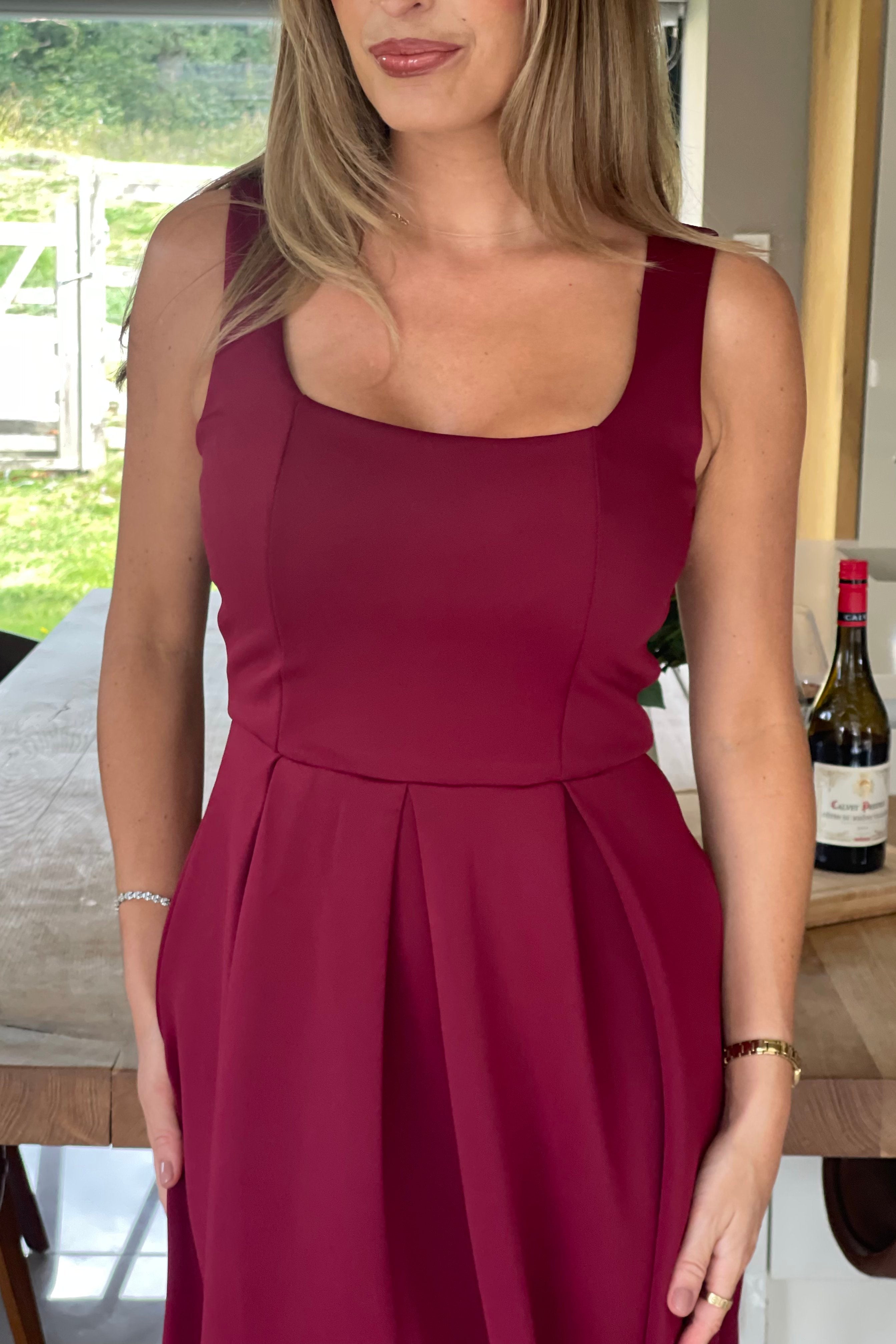 Erica Square Neck Pleated Midi Dress Berry