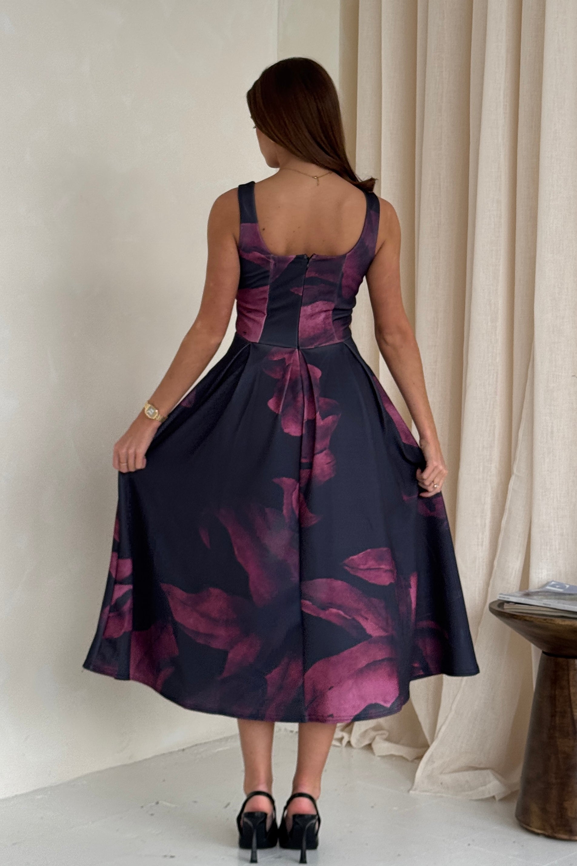 Erica Square Neck Pleated Midi Dress Wine Floral
