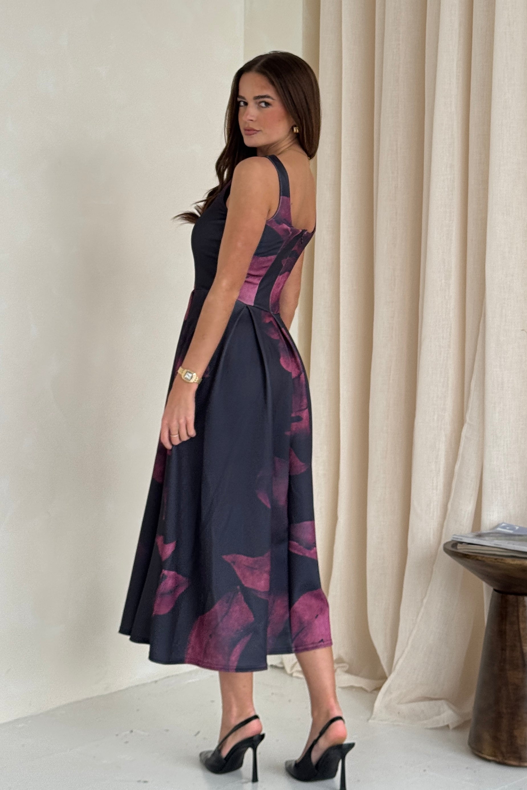Erica Square Neck Pleated Midi Dress Wine Floral