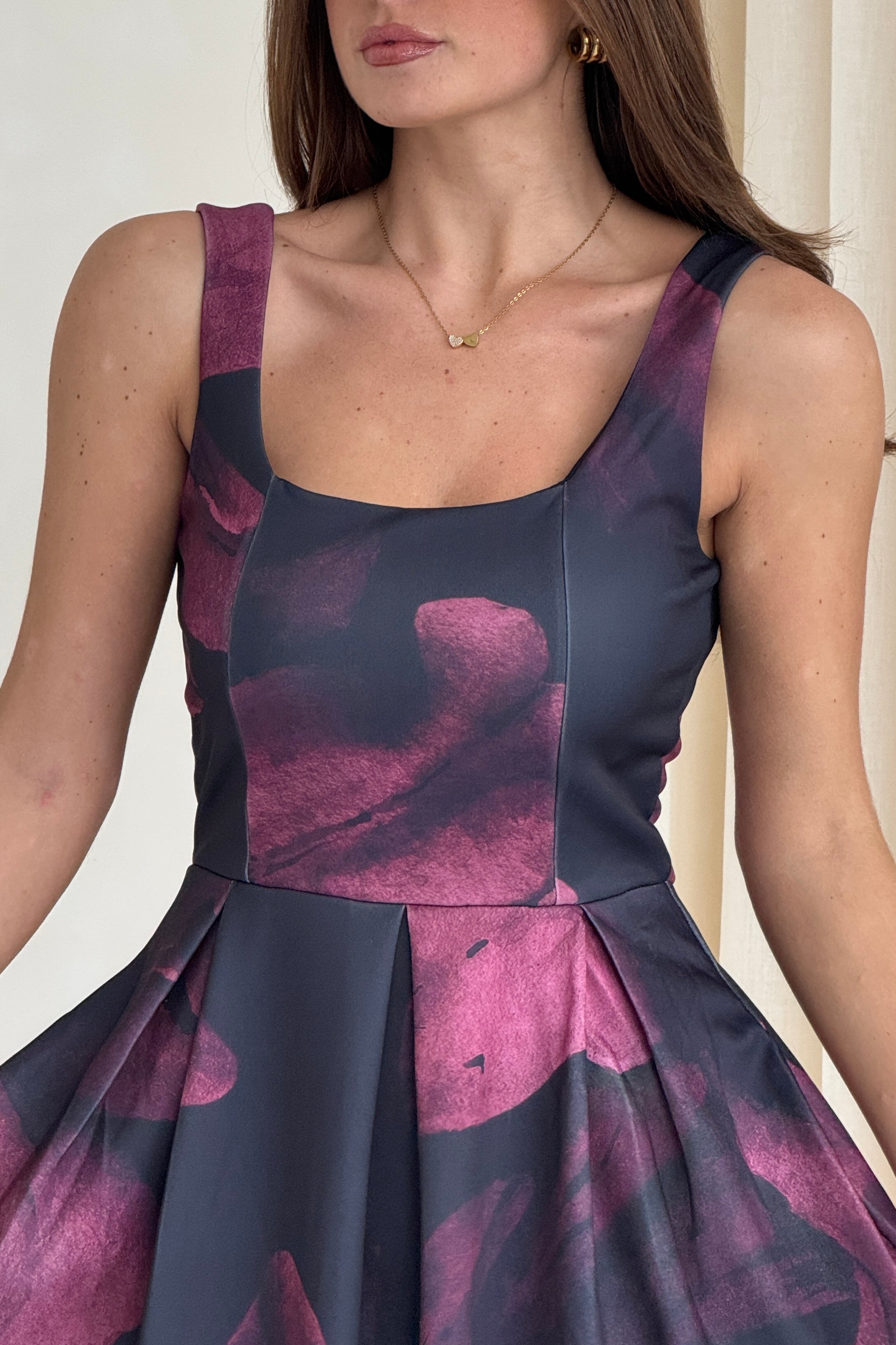 Erica Square Neck Pleated Midi Dress Wine Floral