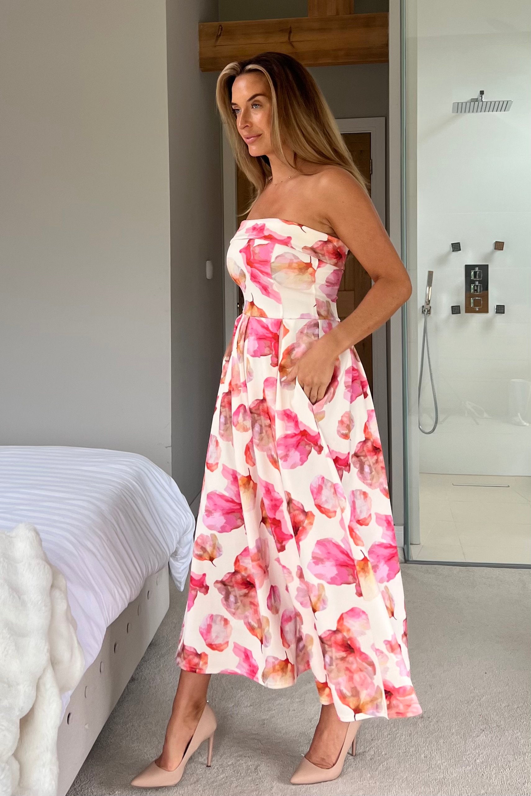 Danni Strapless Bandeau Midi Dress Pink And Yellow Print