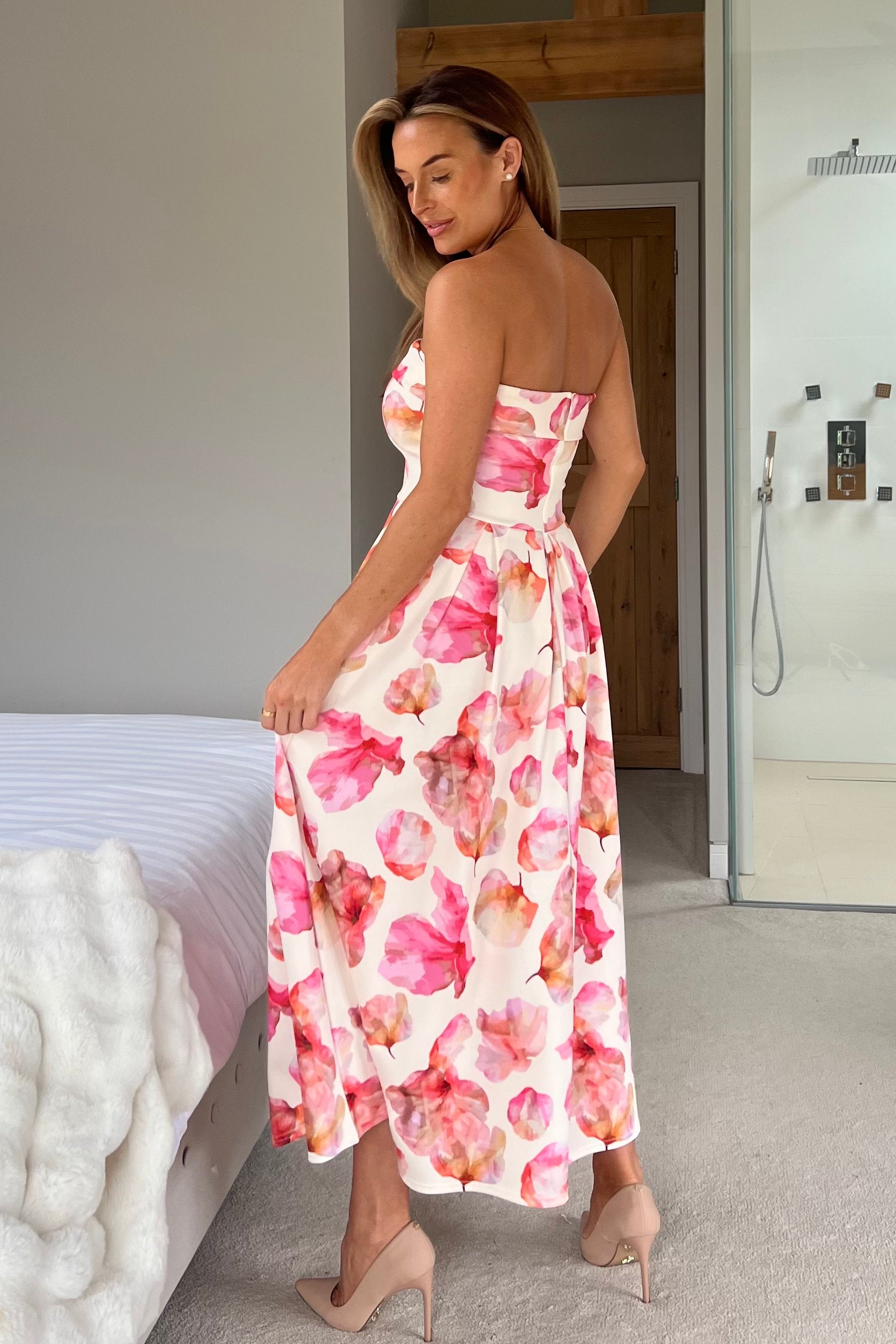 Danni Strapless Bandeau Midi Dress Pink And Yellow Print