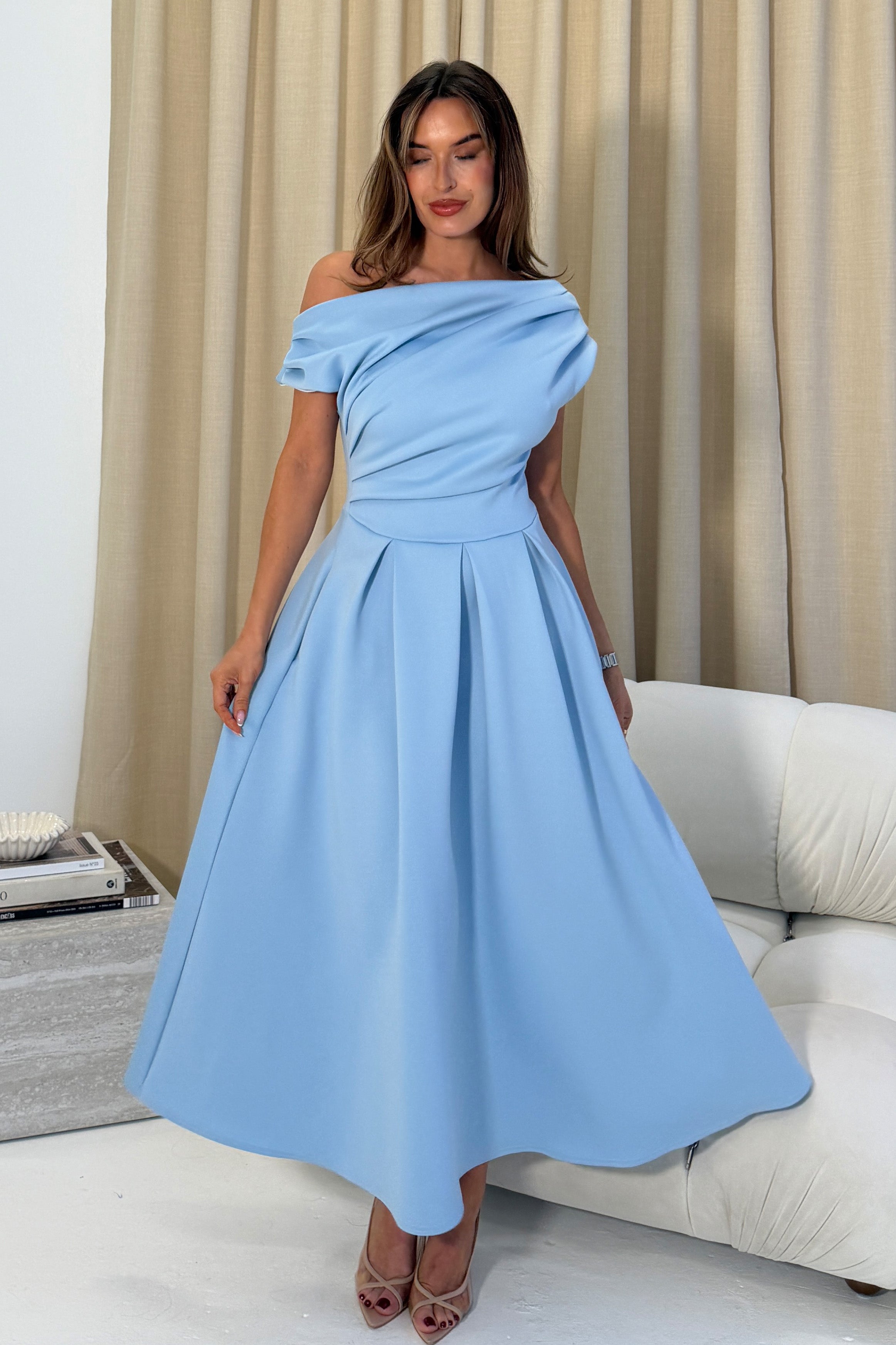 Betty Asymmetric Neckline Skater Midi Blue