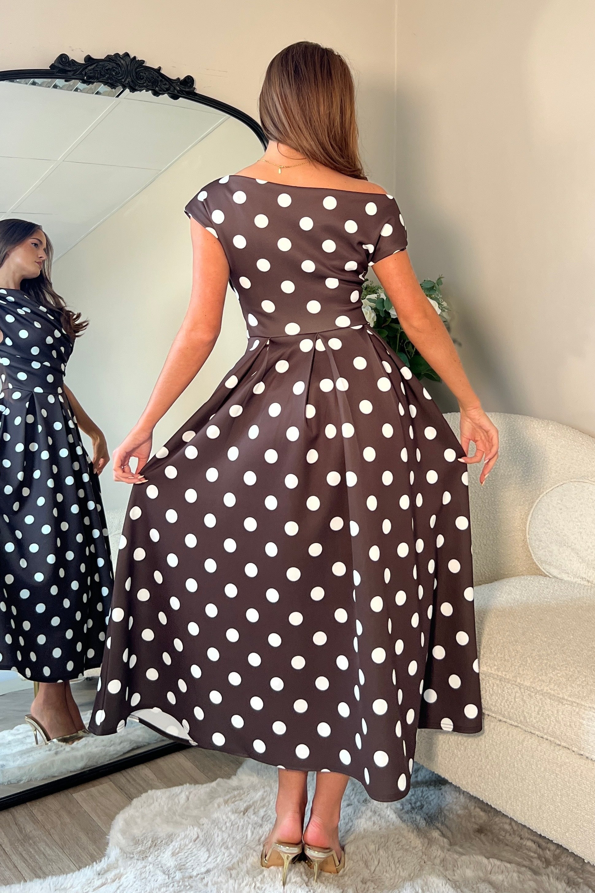 Betty Asymmetric Neckline Skater Midi Brown Spot