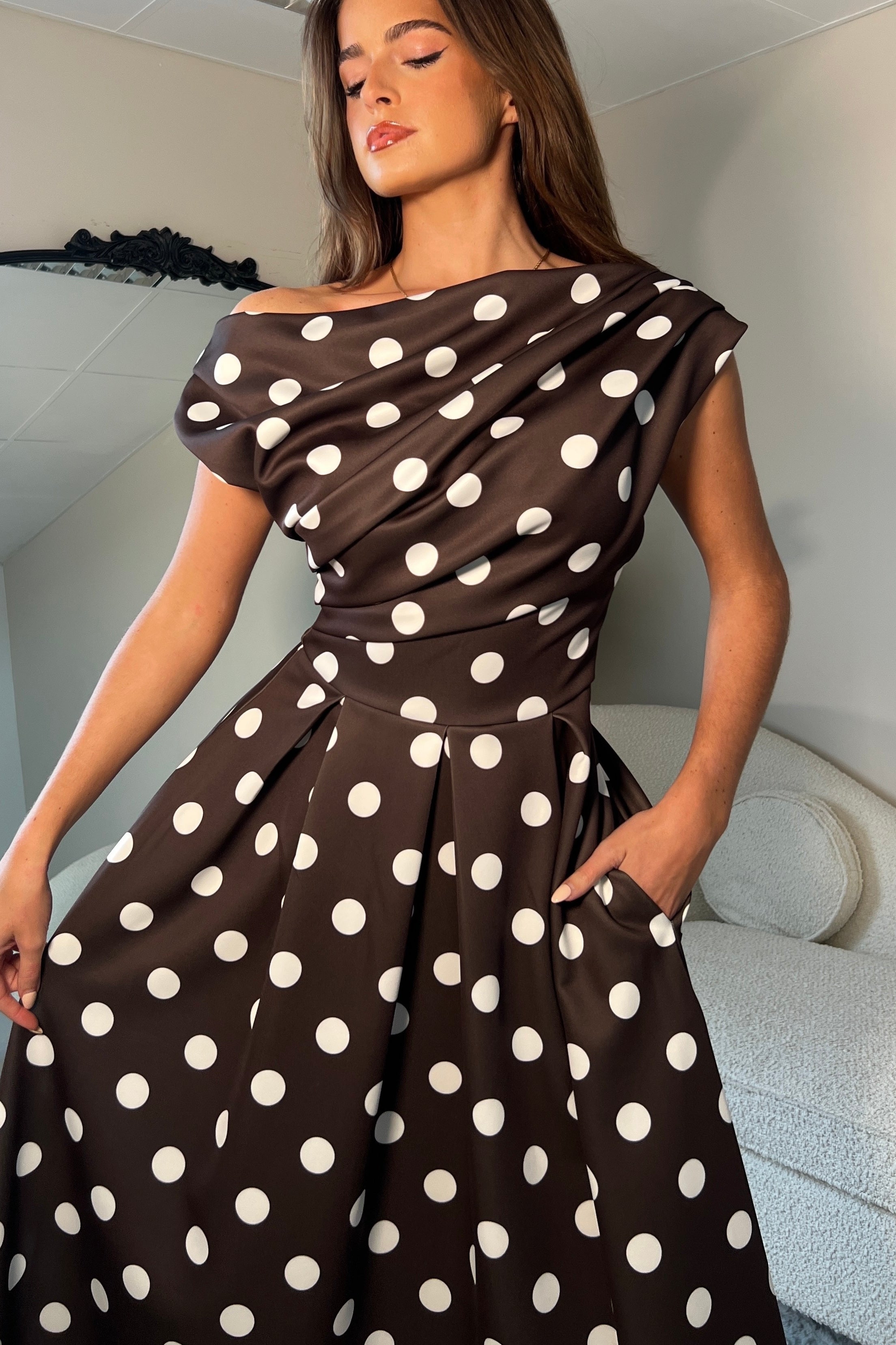 Betty Asymmetric Neckline Skater Midi Brown Spot
