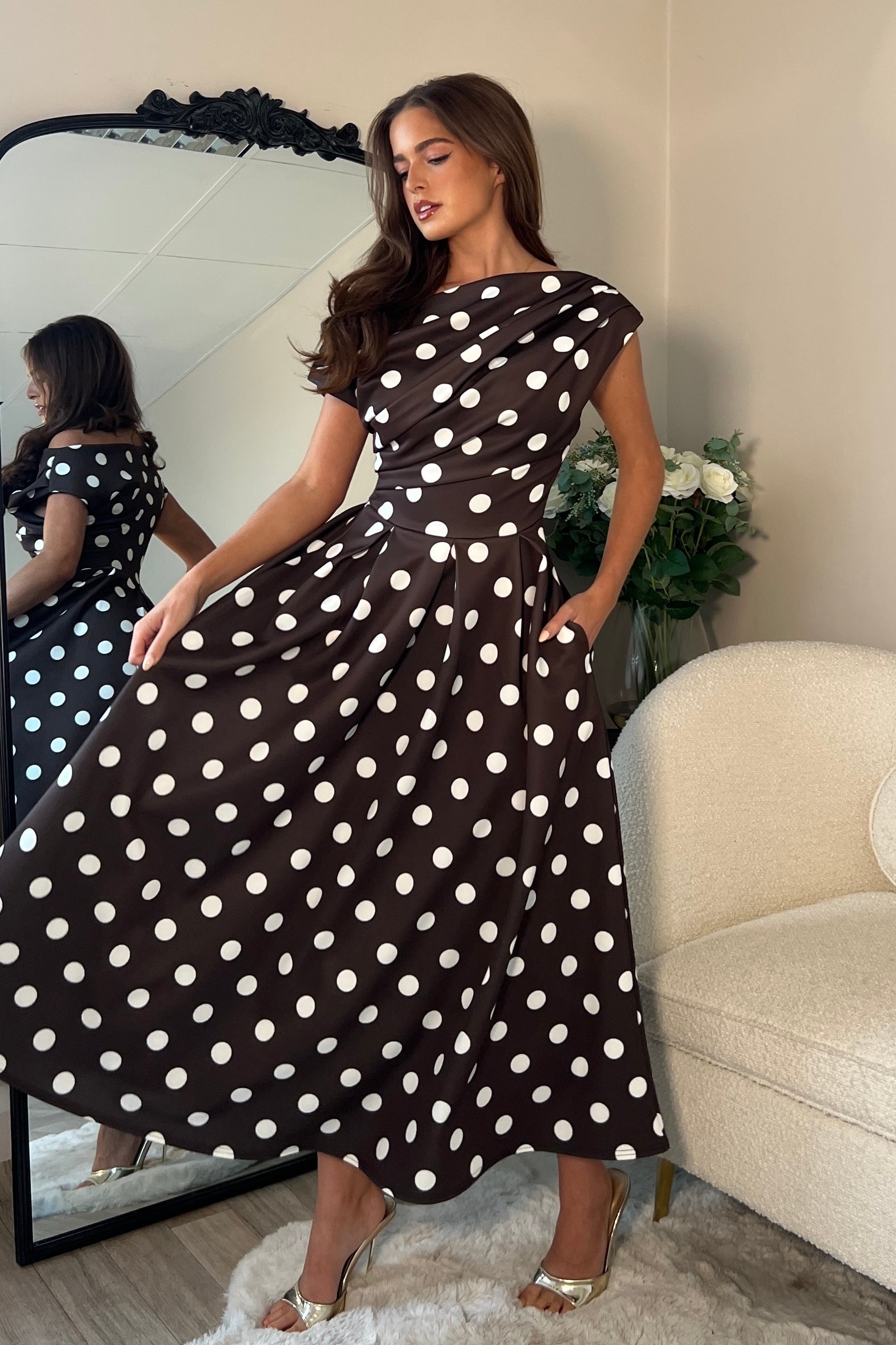 Betty Asymmetric Neckline Skater Midi Brown Spot