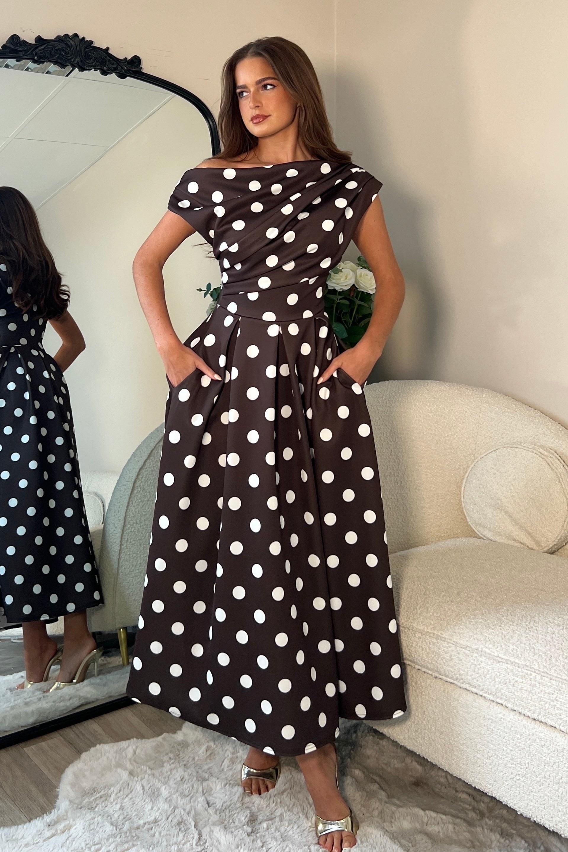 Betty Asymmetric Neckline Skater Midi Brown Spot