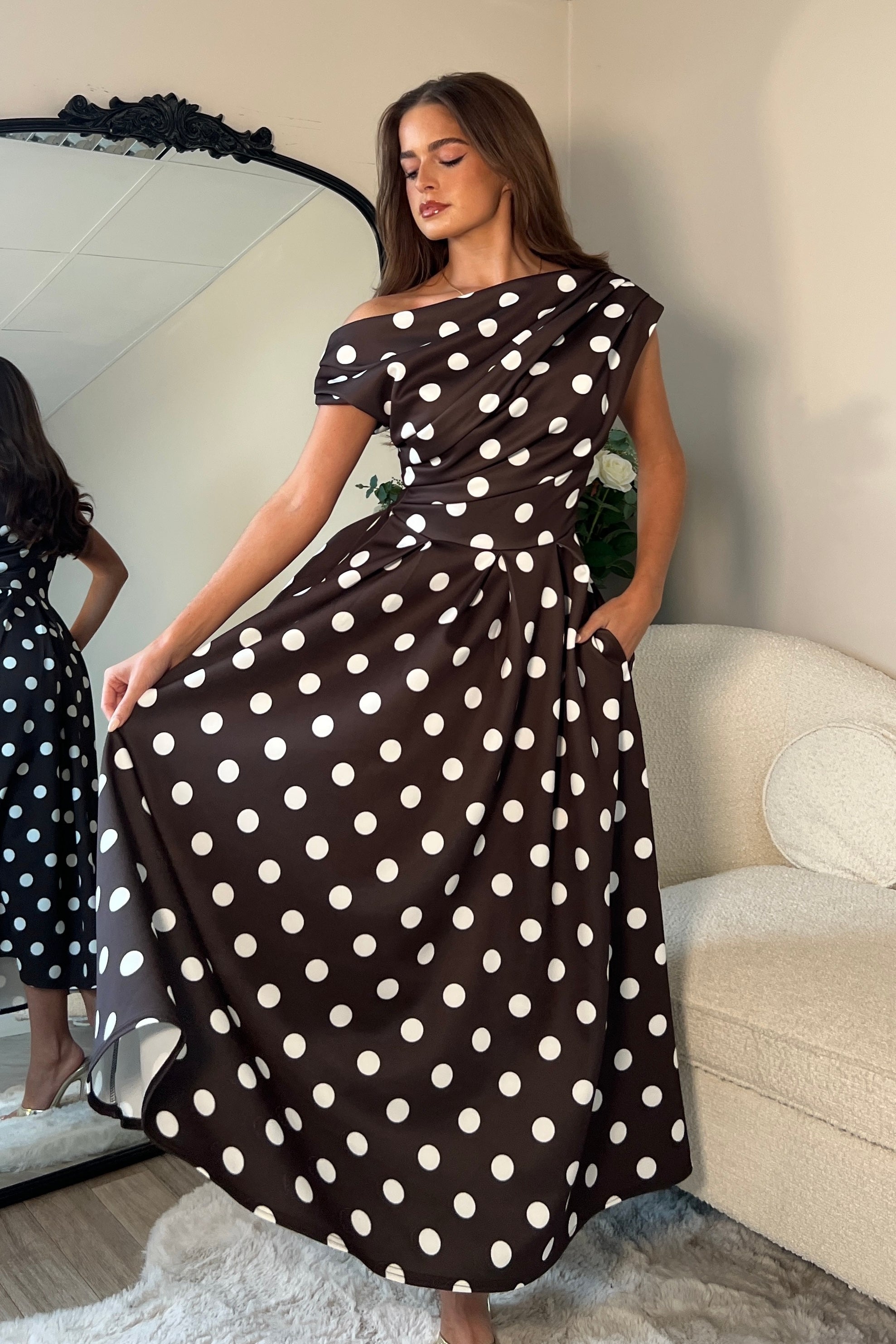 Betty Asymmetric Neckline Skater Midi Brown Spot