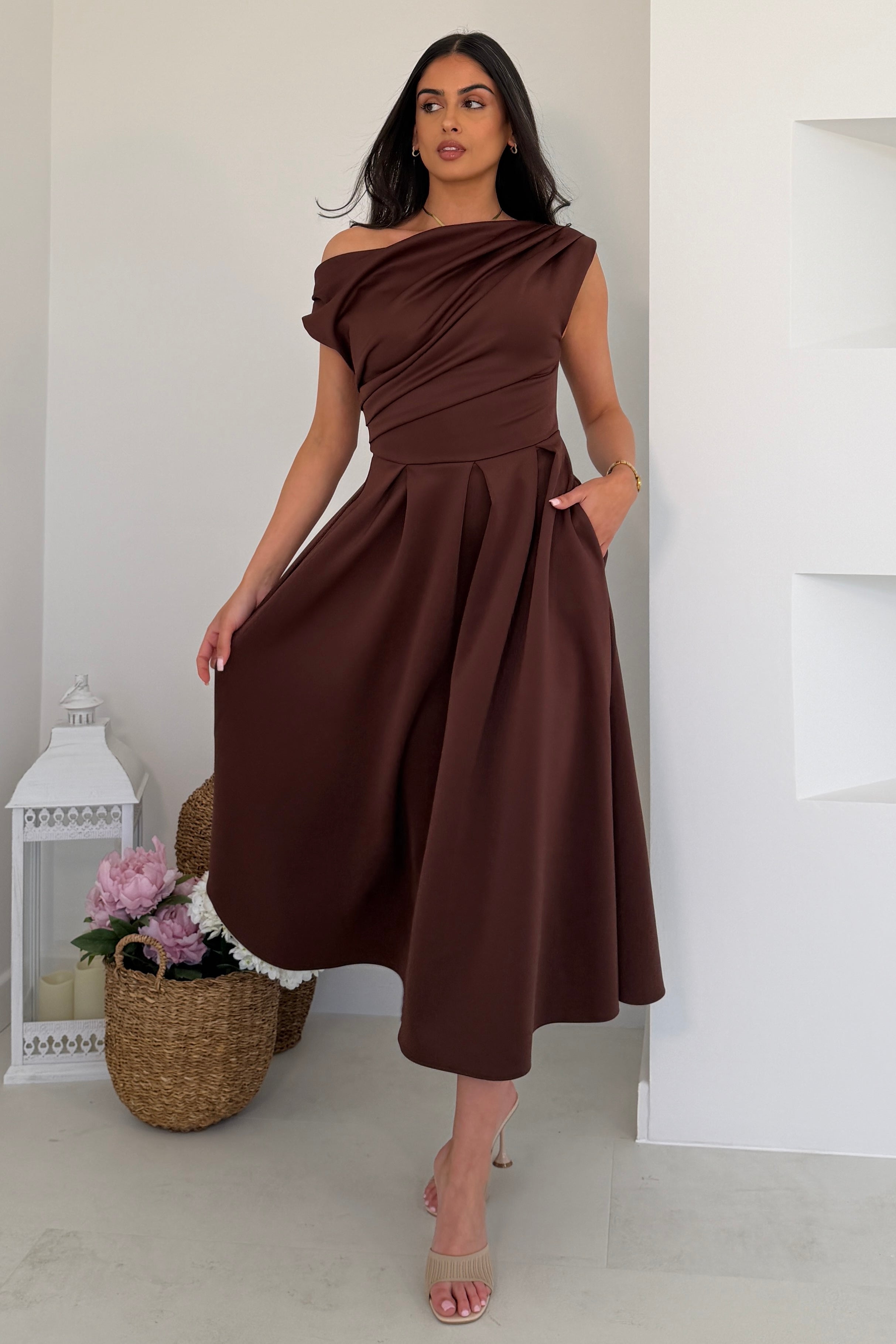 Betty Asymmetric Neckline Skater Midi Brown