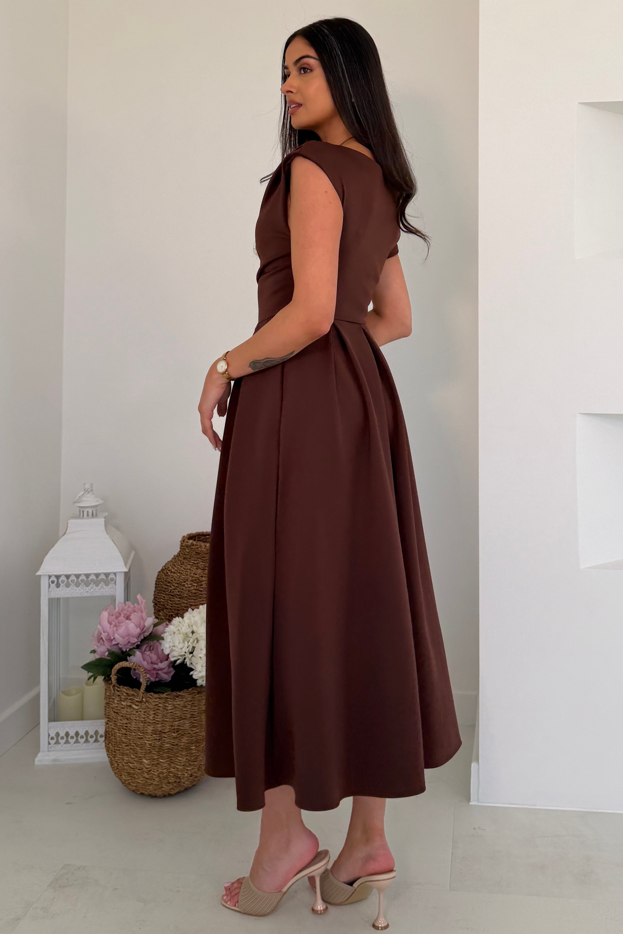Betty Asymmetric Neckline Skater Midi Brown