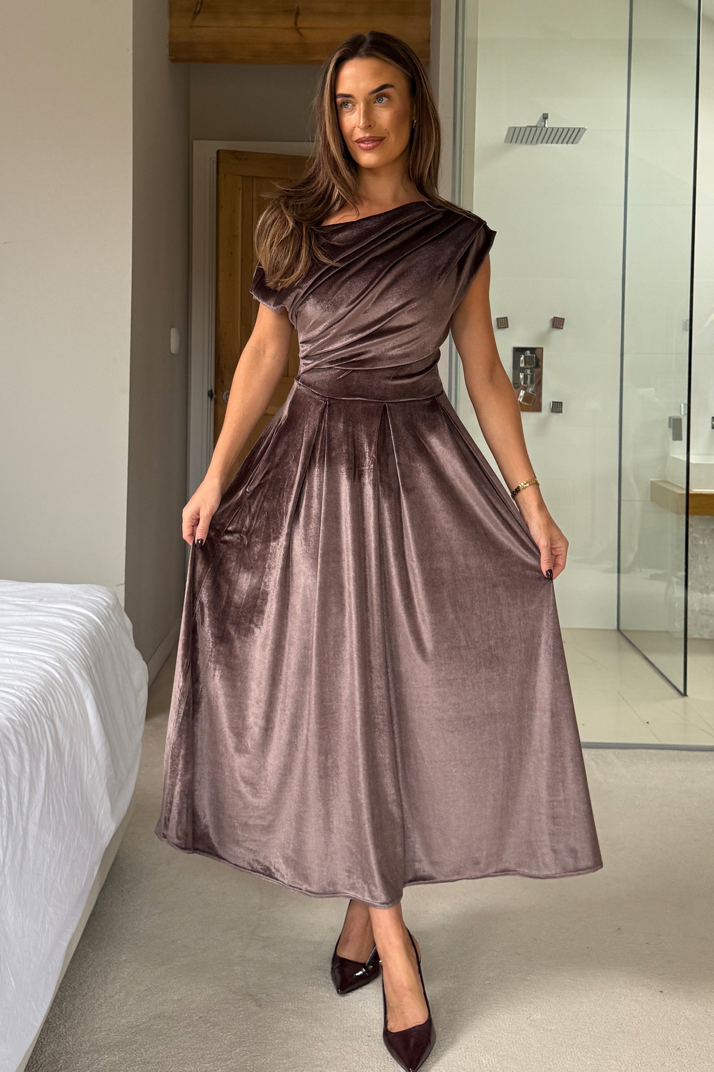 Betty Asymmetric Neckline Skater Midi Brown Velvet