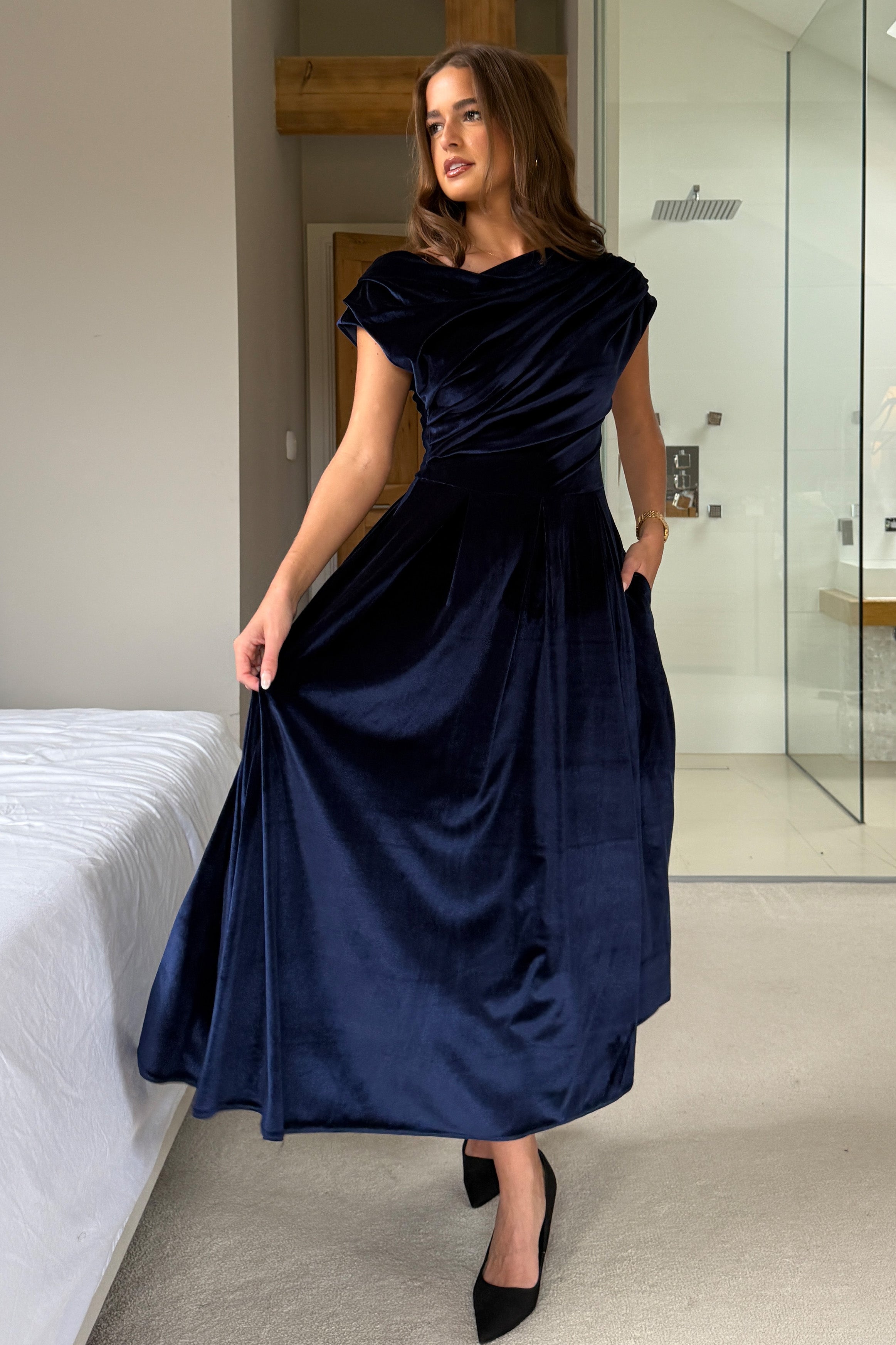 Betty Asymmetric Neckline Skater Midi Navy Velvet