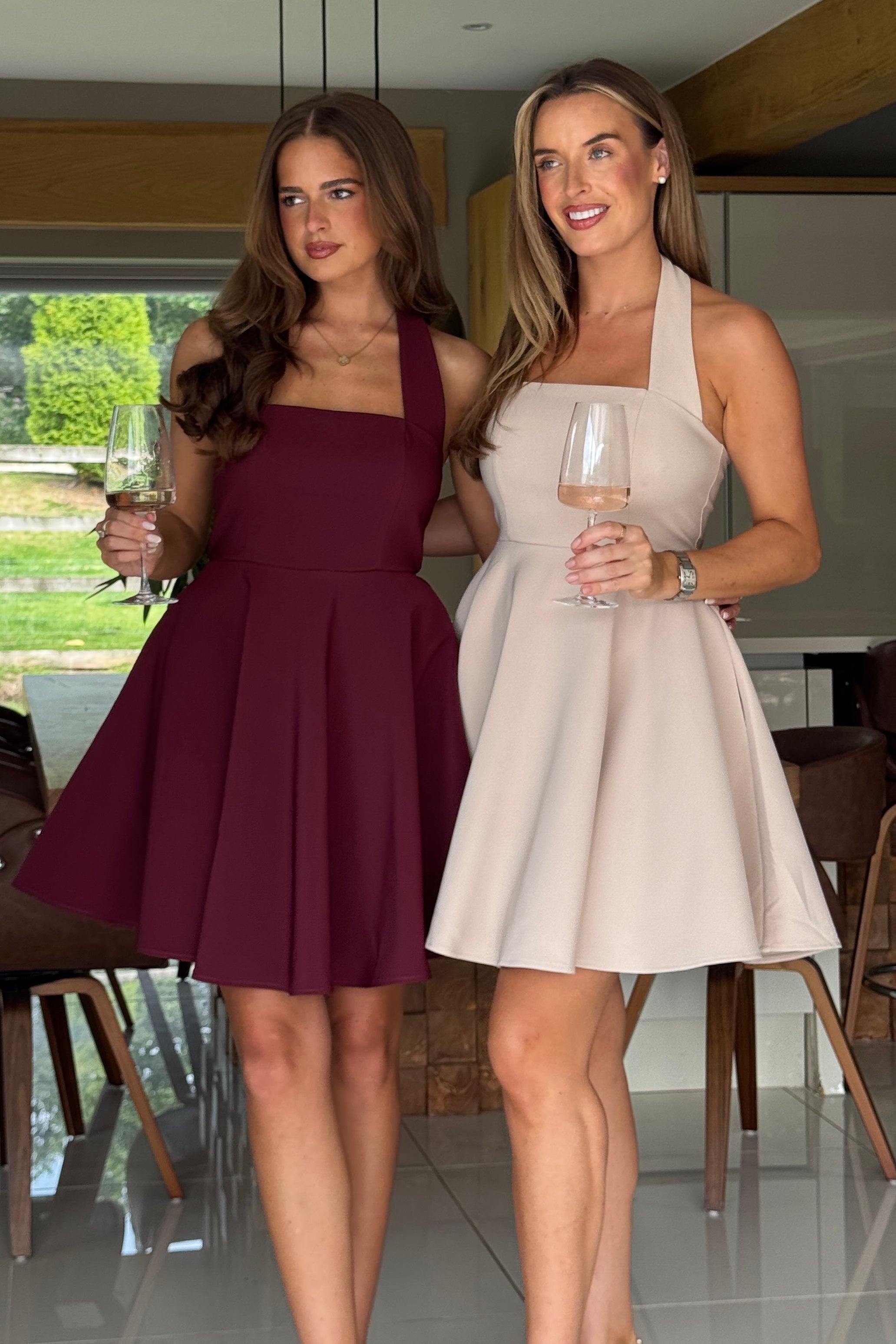 Pandora Halter Neck Mini Skater Dress Stone