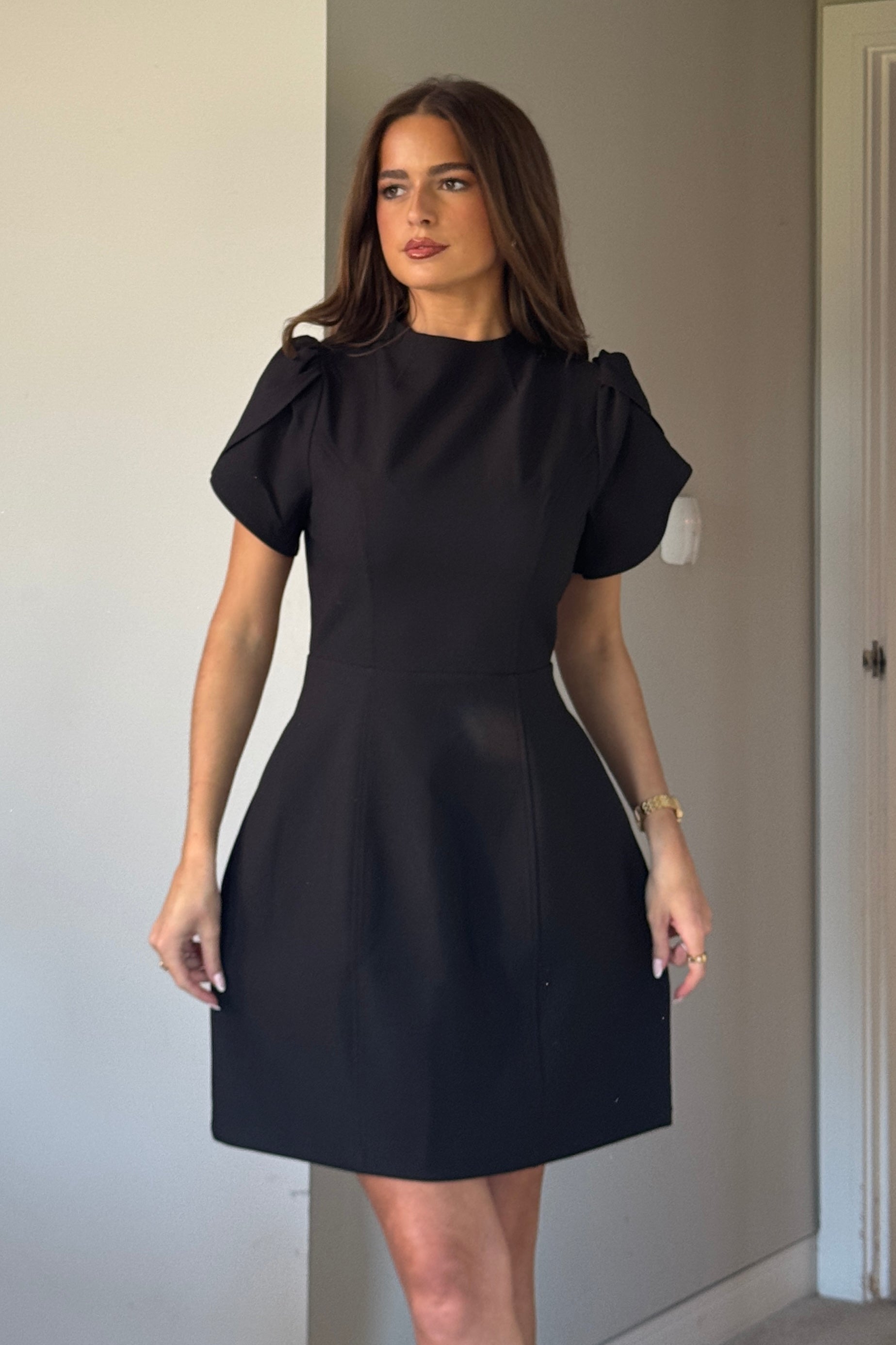 Ami Tulip Sleeve High Neck Mini Dress Black