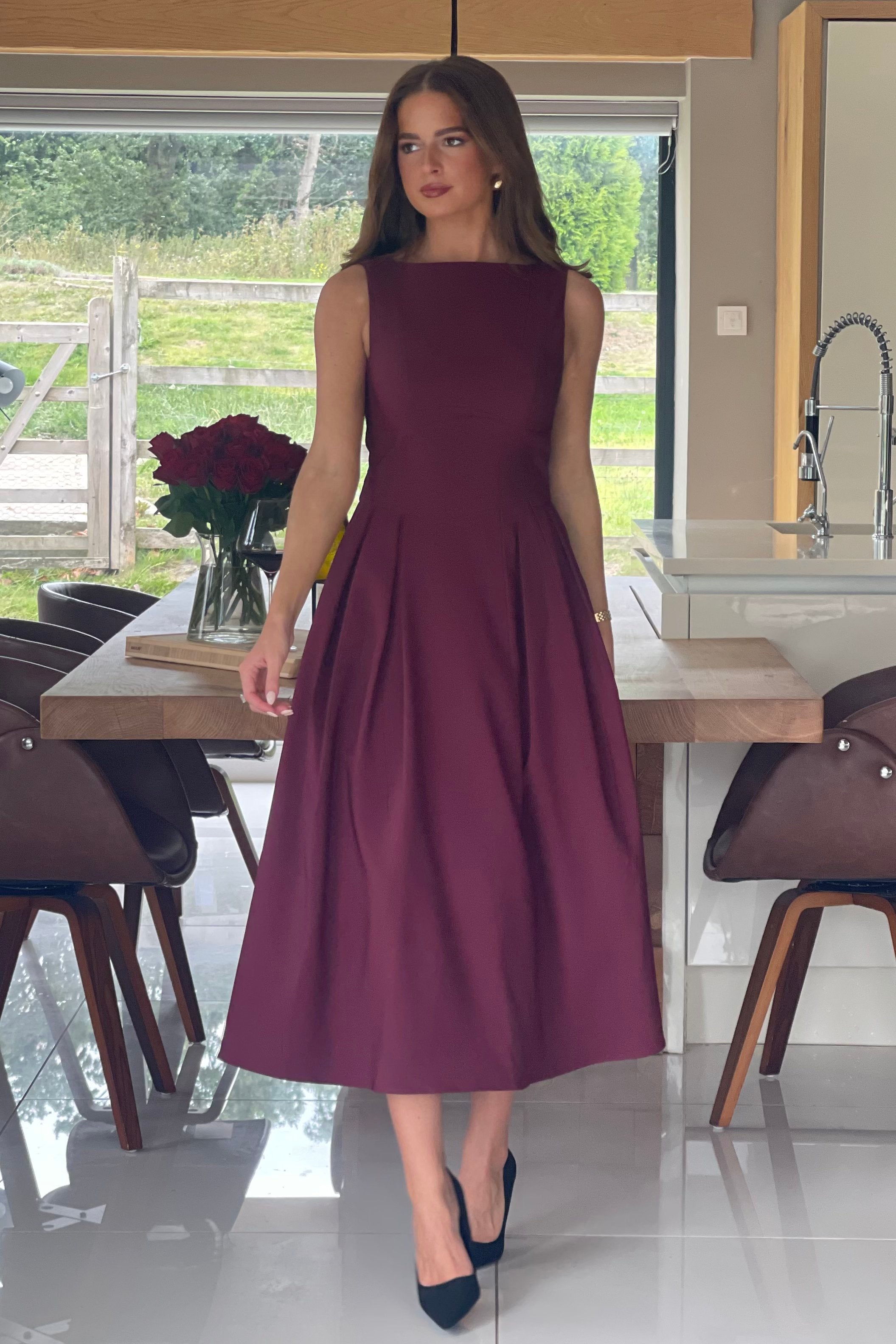 Nesta Boat Neck Skater Midi Dress Berry