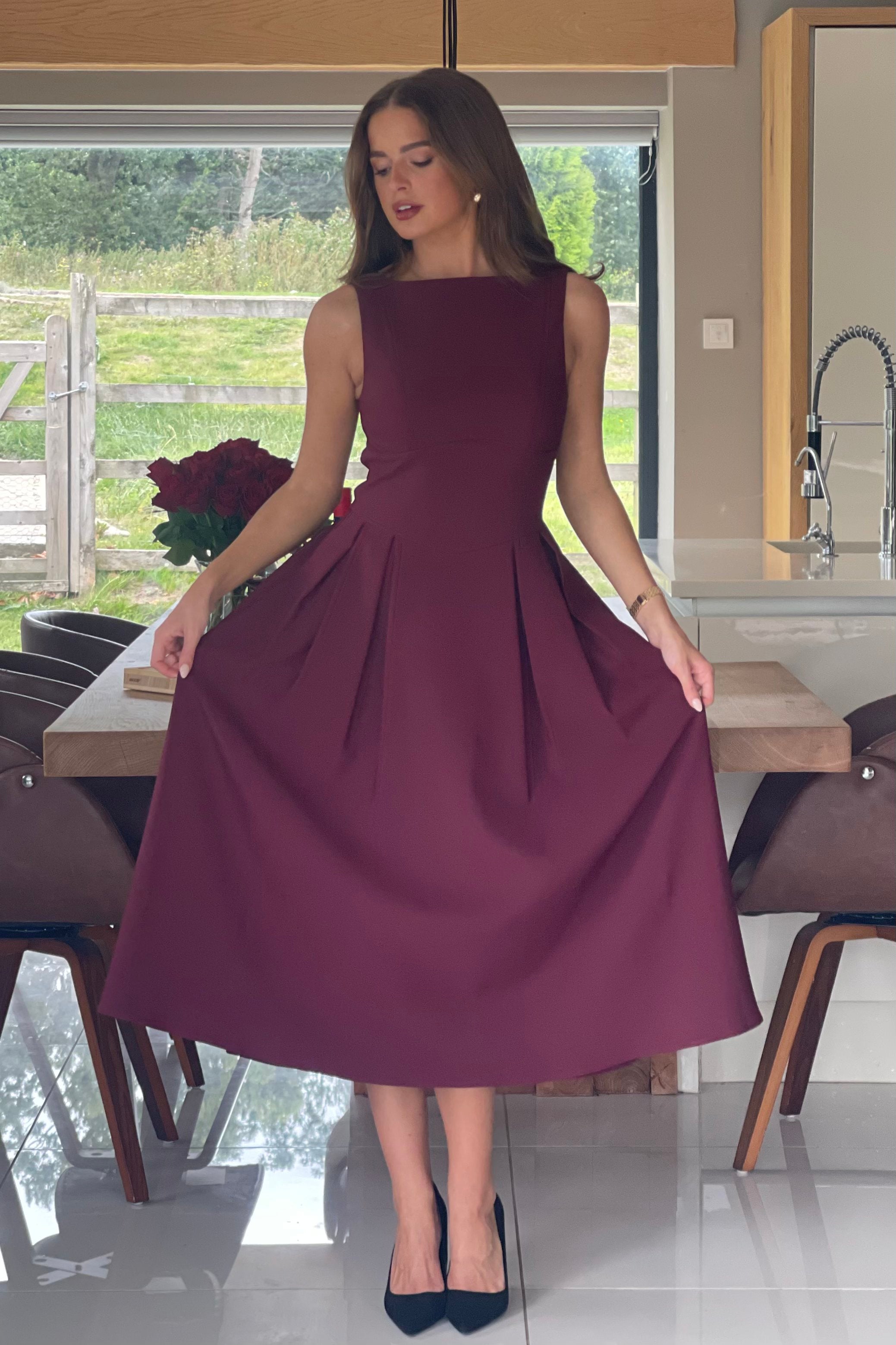 Nesta Boat Neck Skater Midi Dress Berry