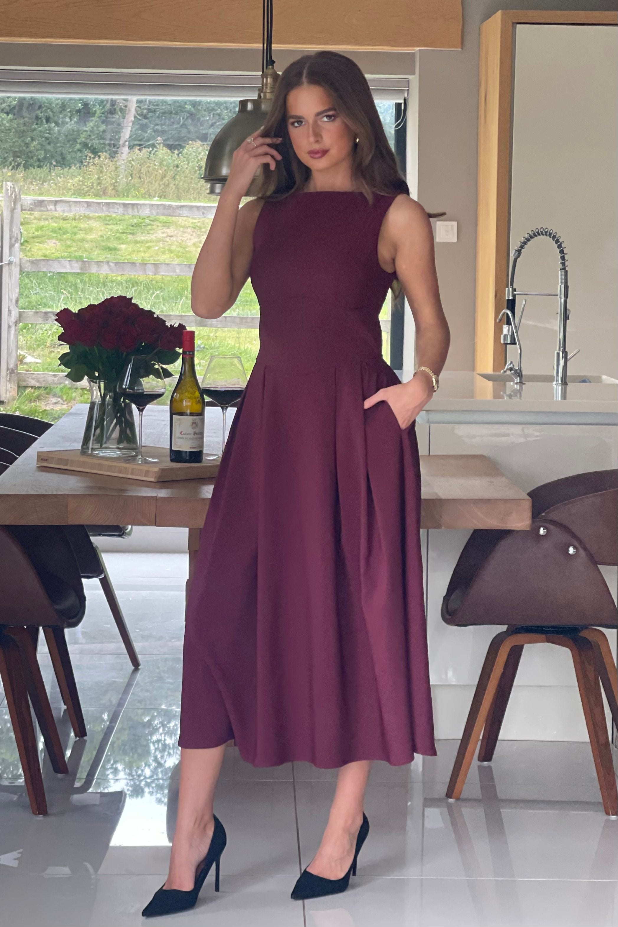 Nesta Boat Neck Skater Midi Dress Berry
