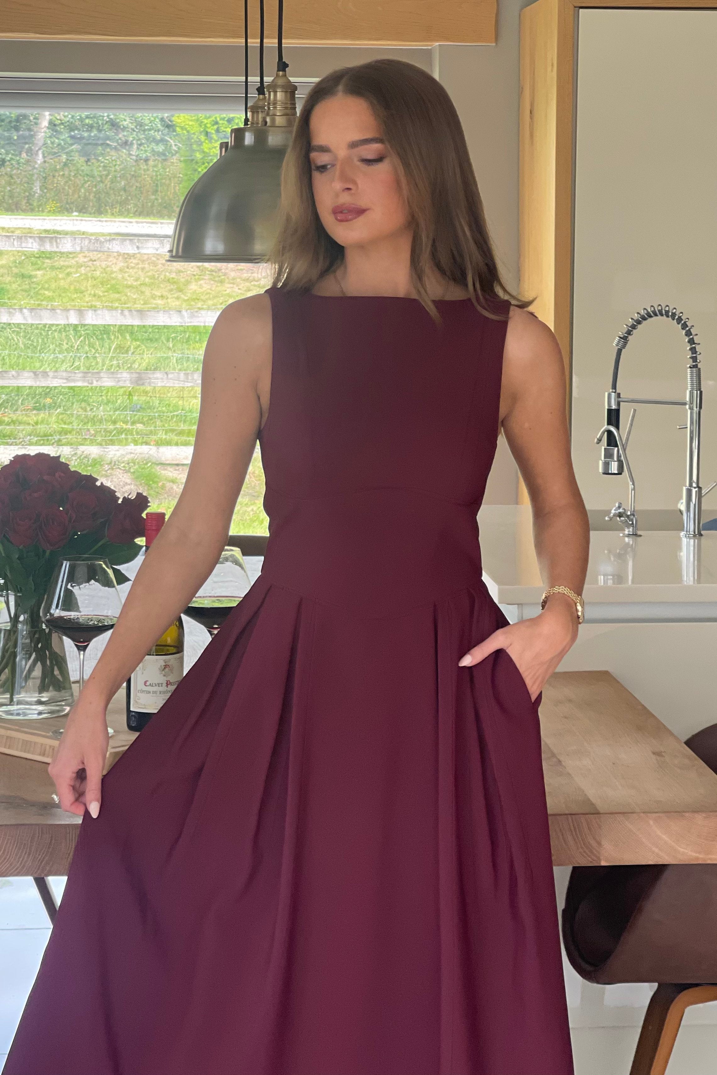 Nesta Boat Neck Skater Midi Dress Berry