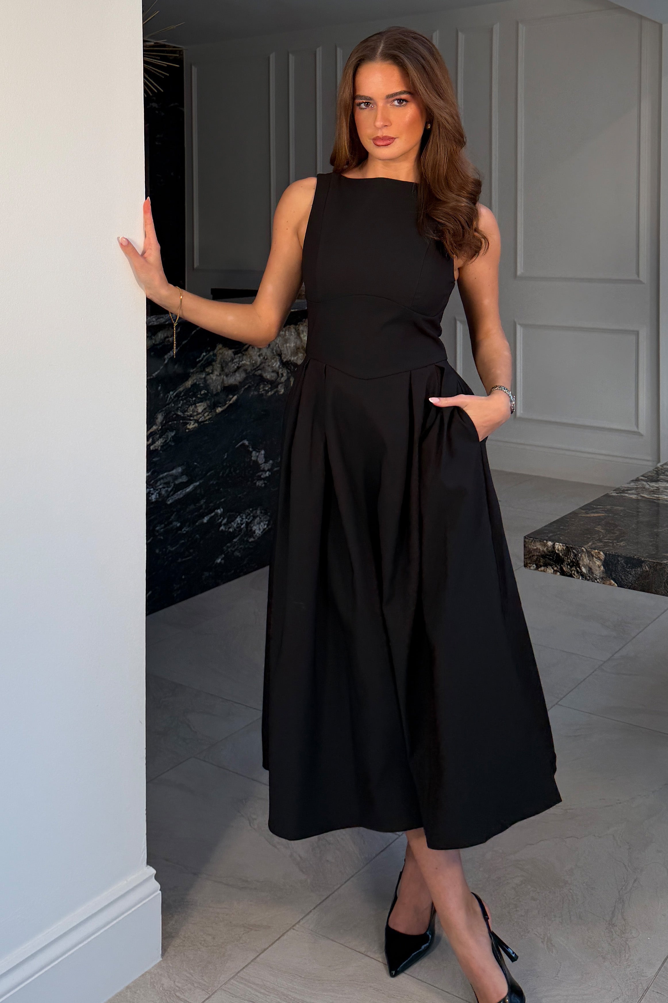 Nesta Boat Neck Skater Midi Dress Black