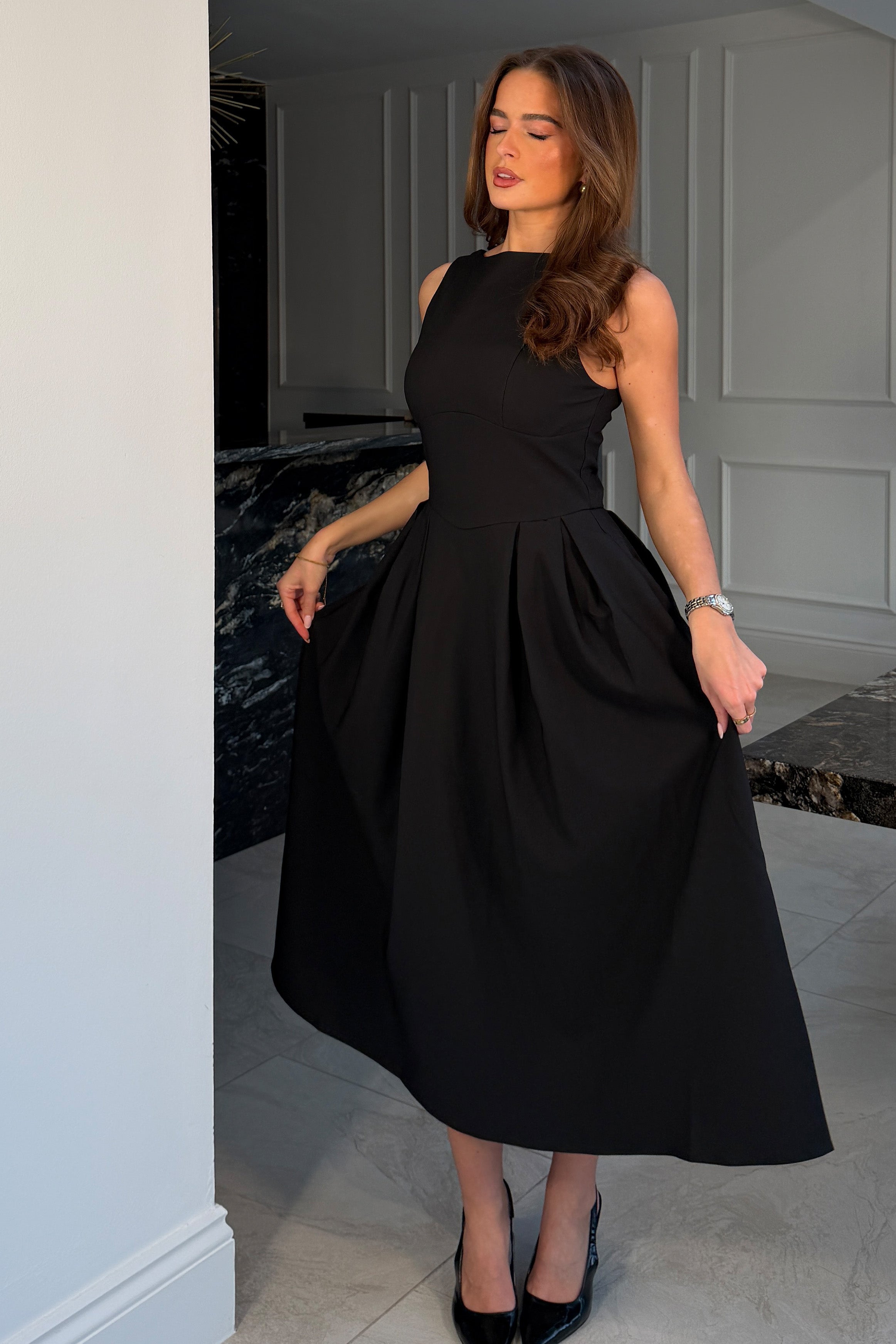 Nesta Boat Neck Skater Midi Dress Black