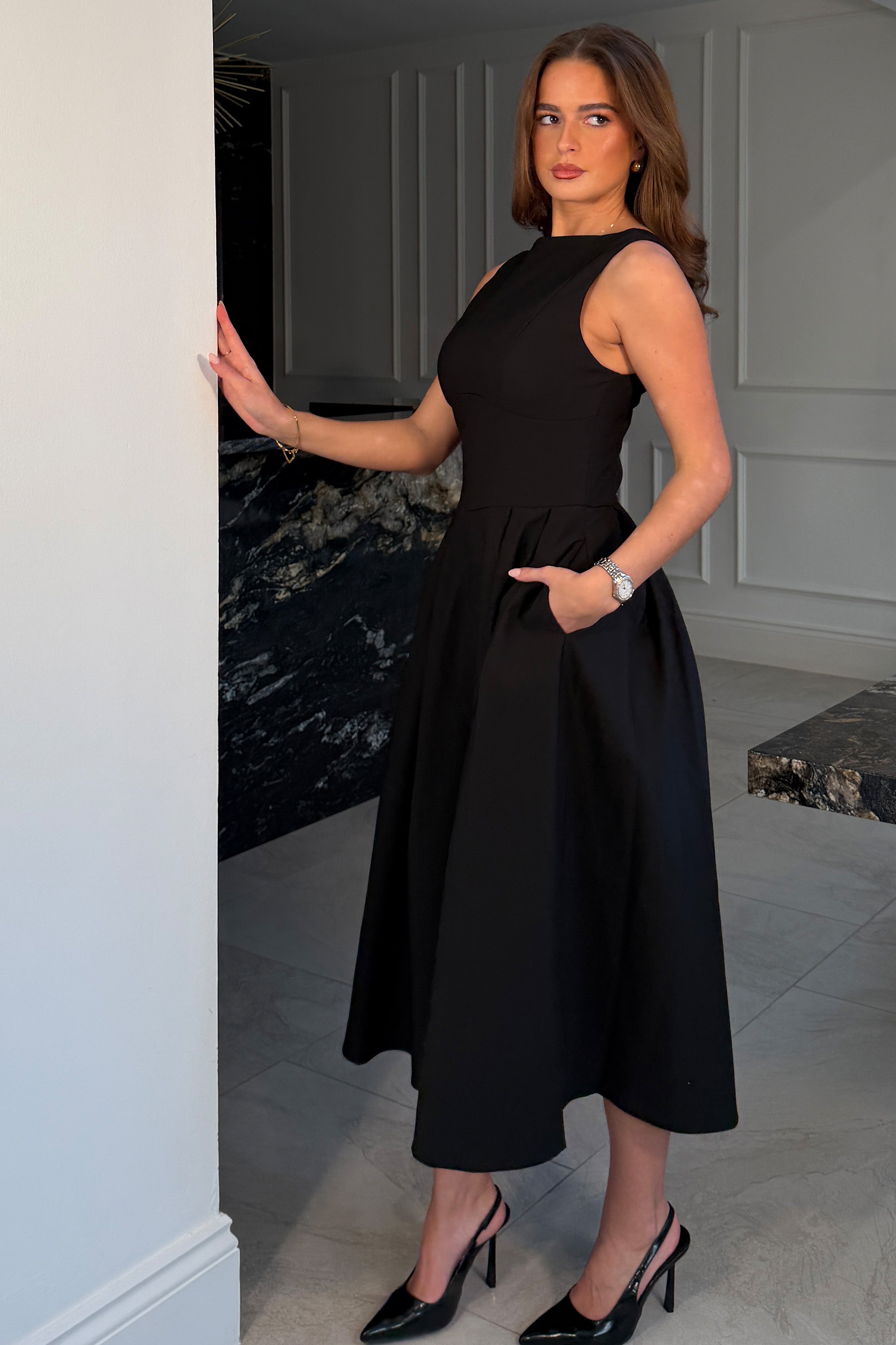 Nesta Boat Neck Skater Midi Dress Black