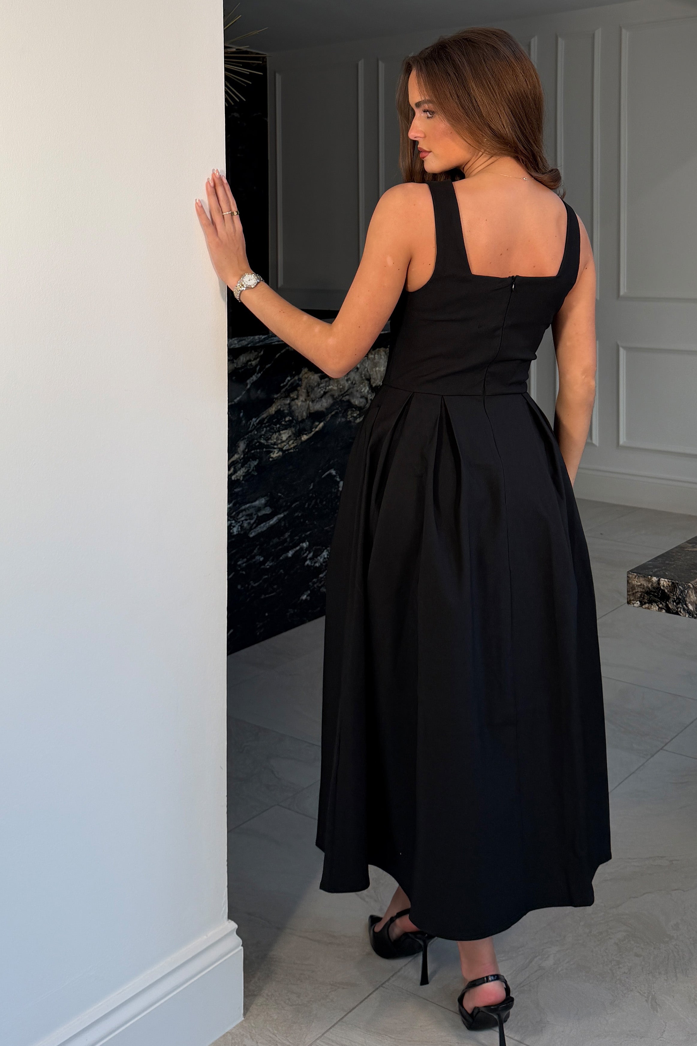 Nesta Boat Neck Skater Midi Dress Black