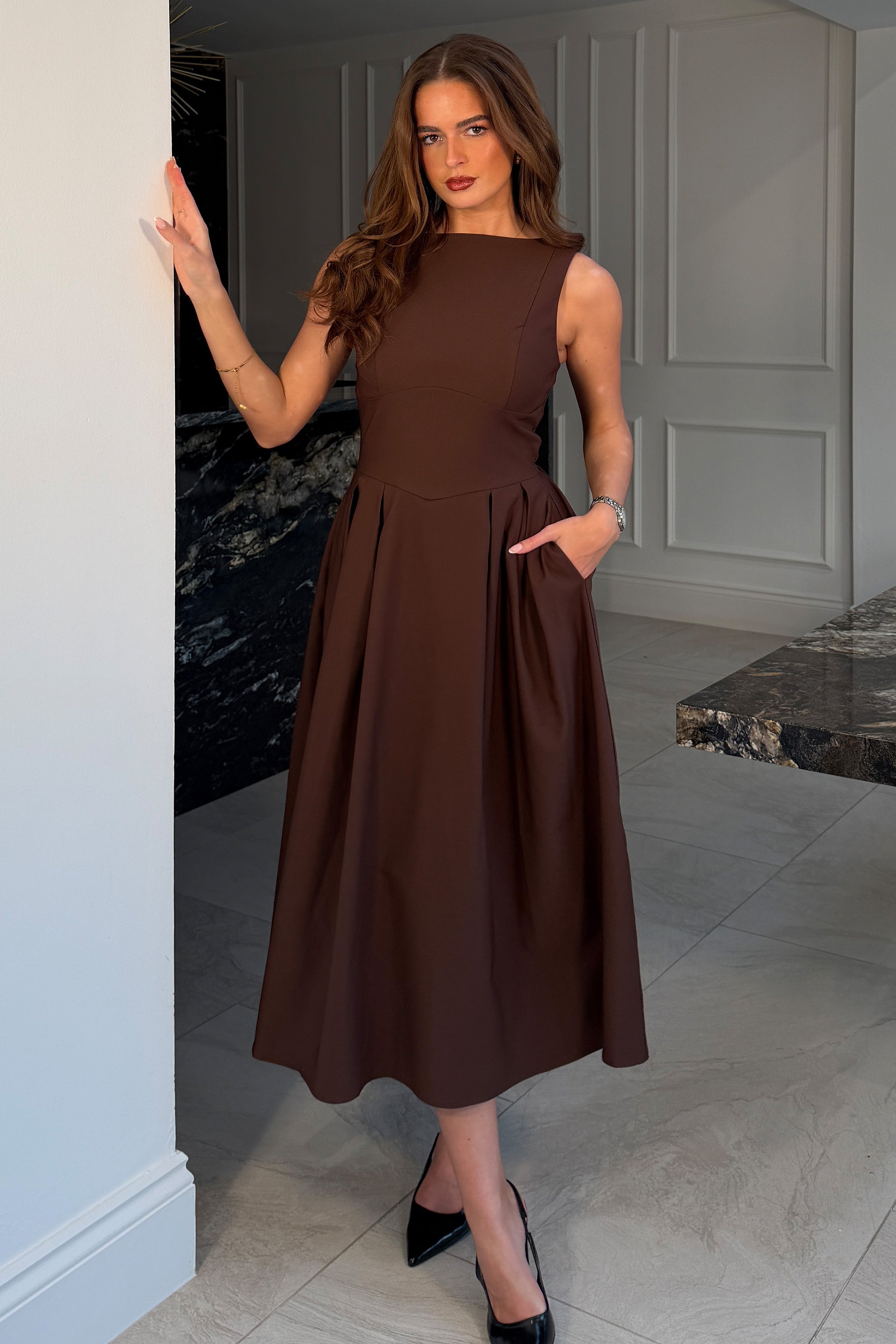 Nesta Boat Neck Skater Midi Dress Brown