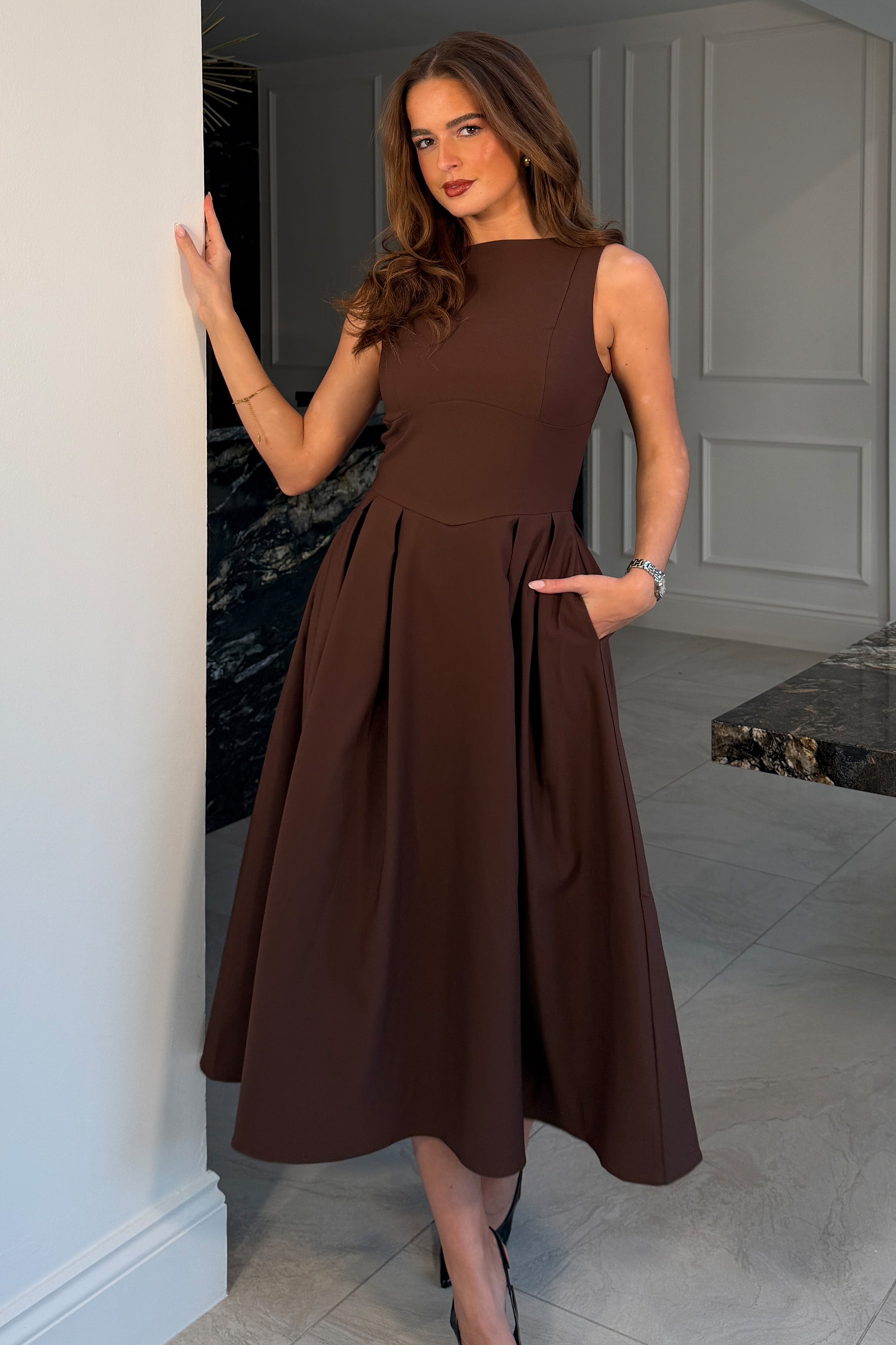 Nesta Boat Neck Skater Midi Dress Brown