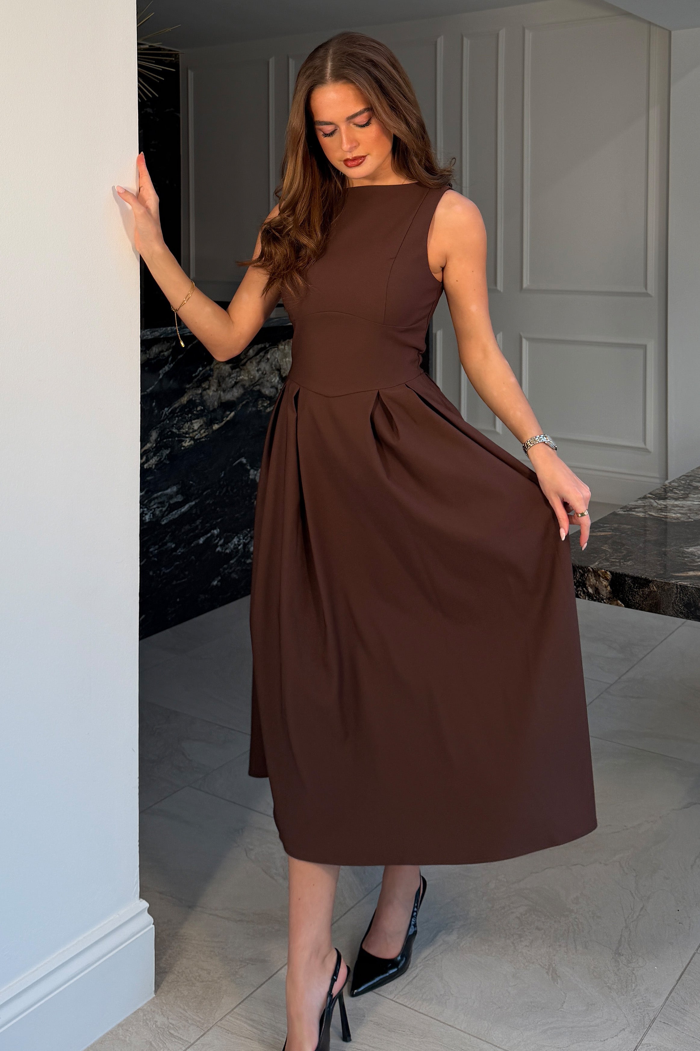 Nesta Boat Neck Skater Midi Dress Brown