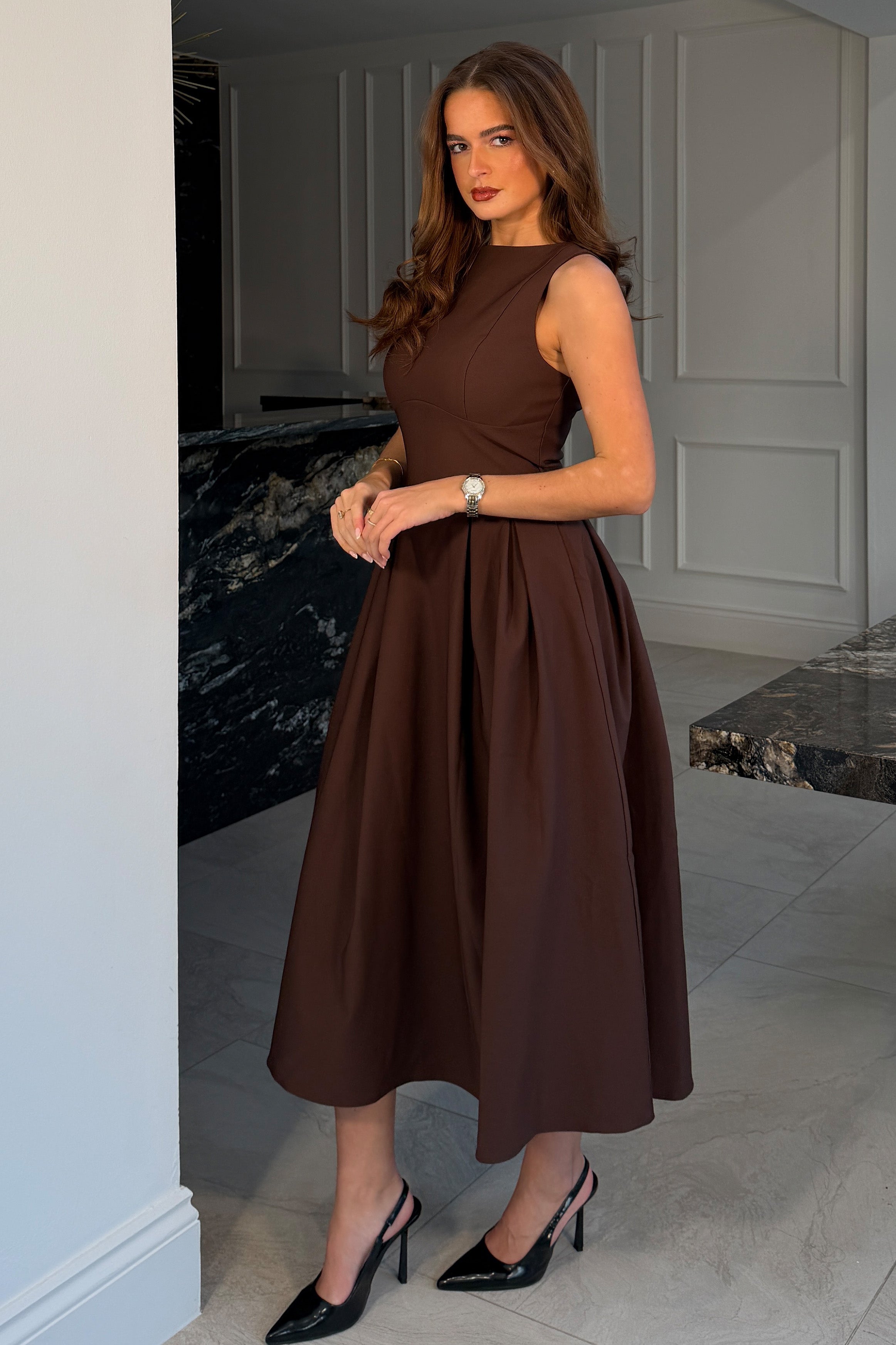 Nesta Boat Neck Skater Midi Dress Brown