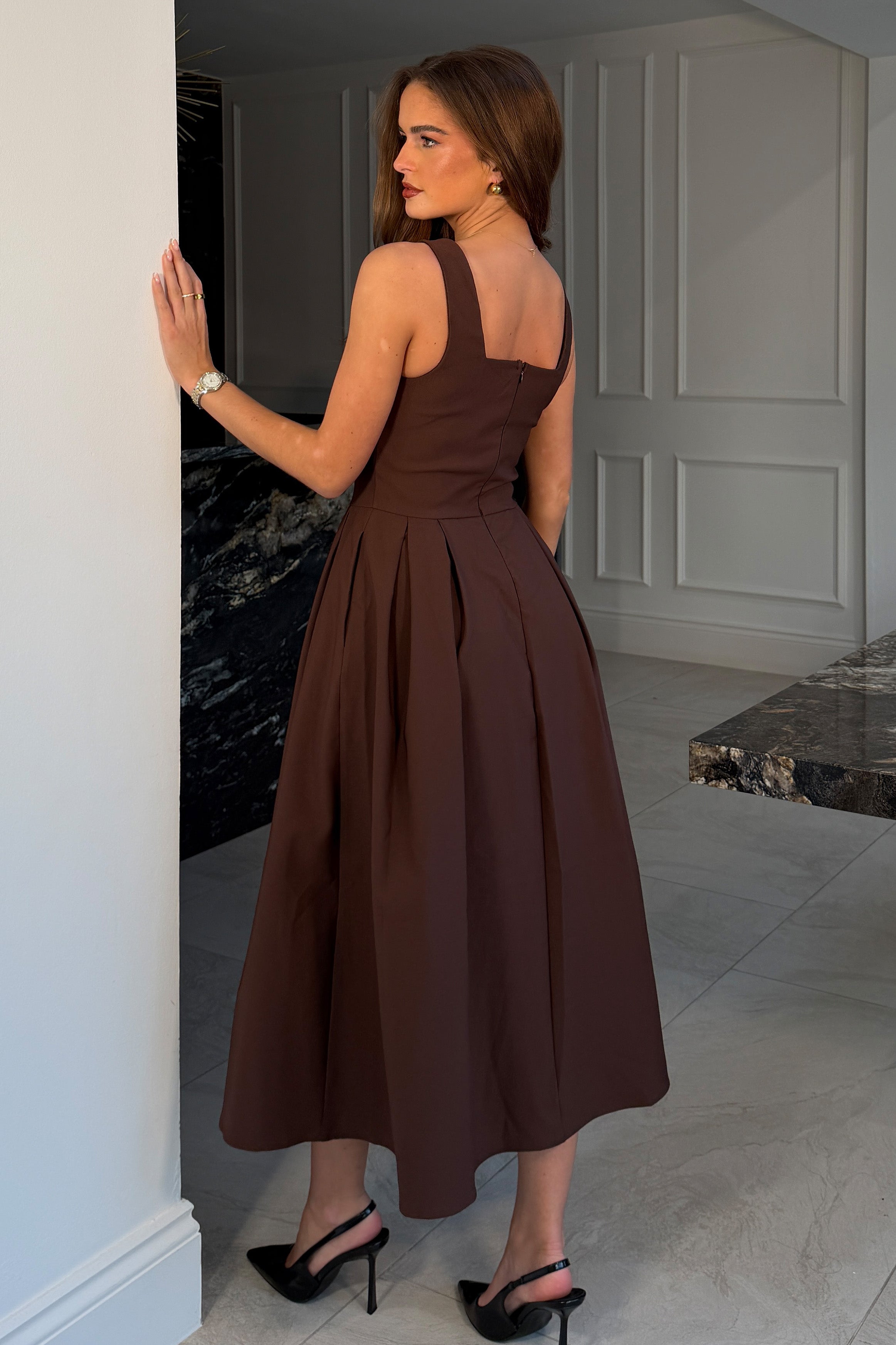 Nesta Boat Neck Skater Midi Dress Brown