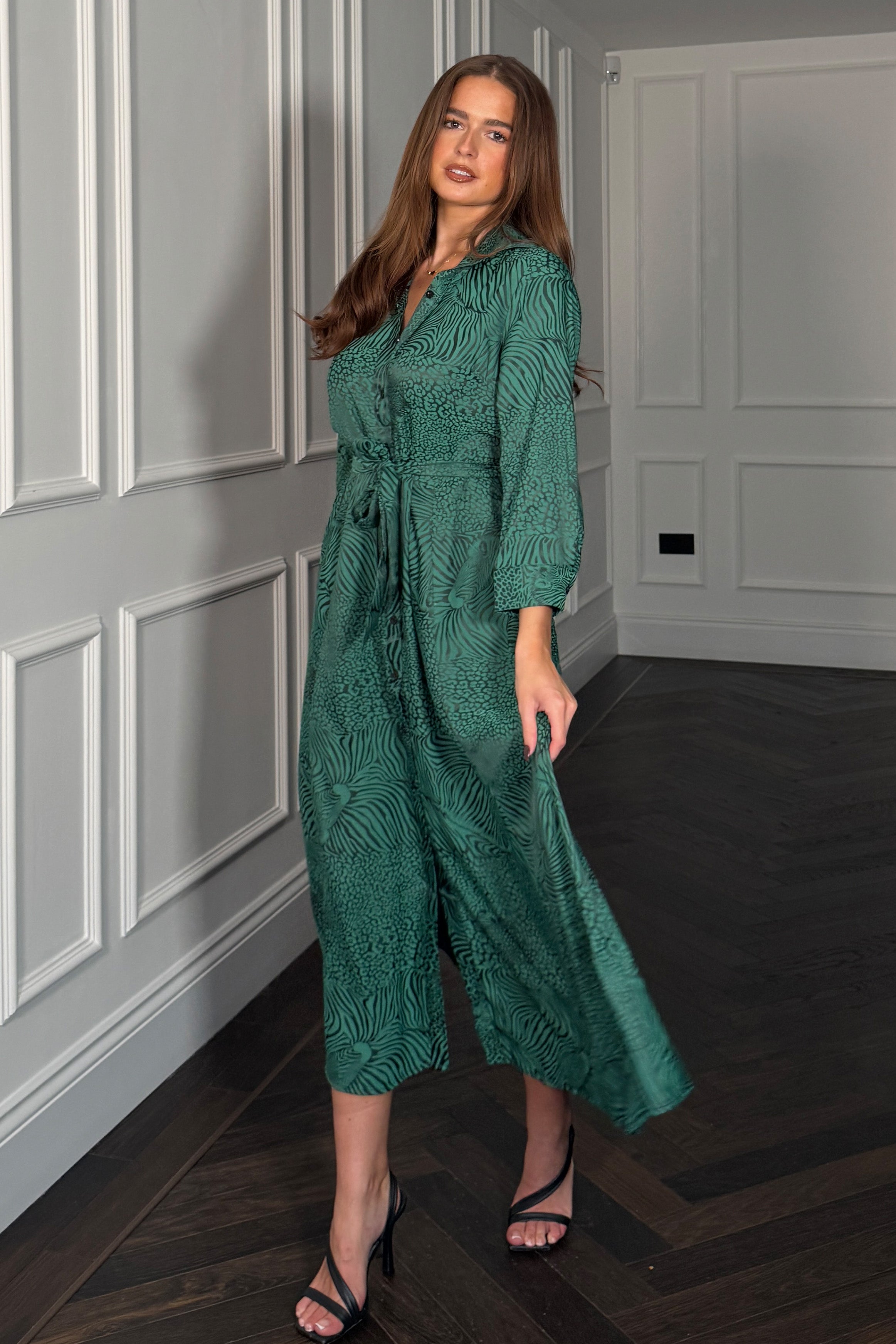 Angela Long Sleeve Maxi Shirt Dress Green Animal