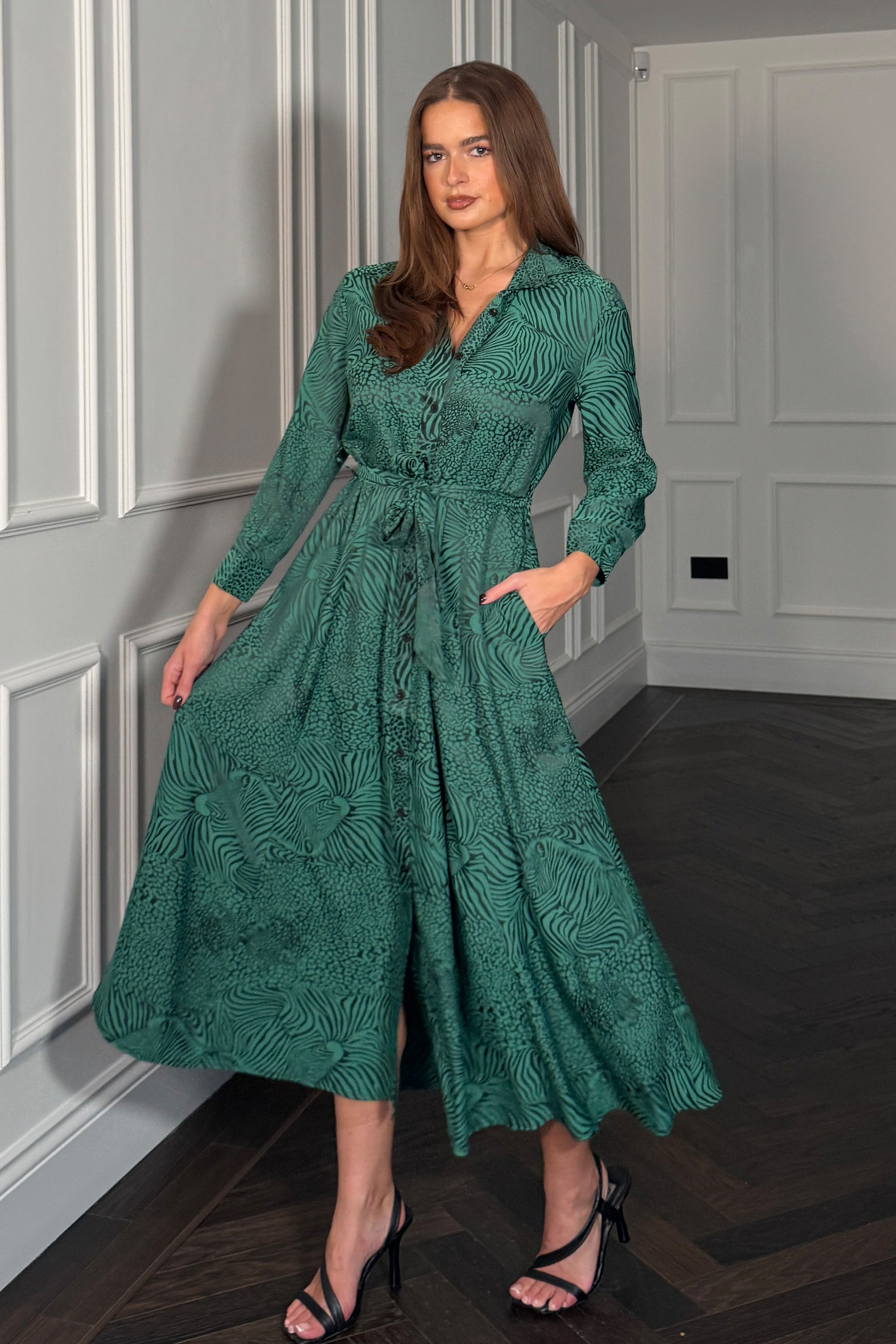 Angela Long Sleeve Maxi Shirt Dress Green Animal