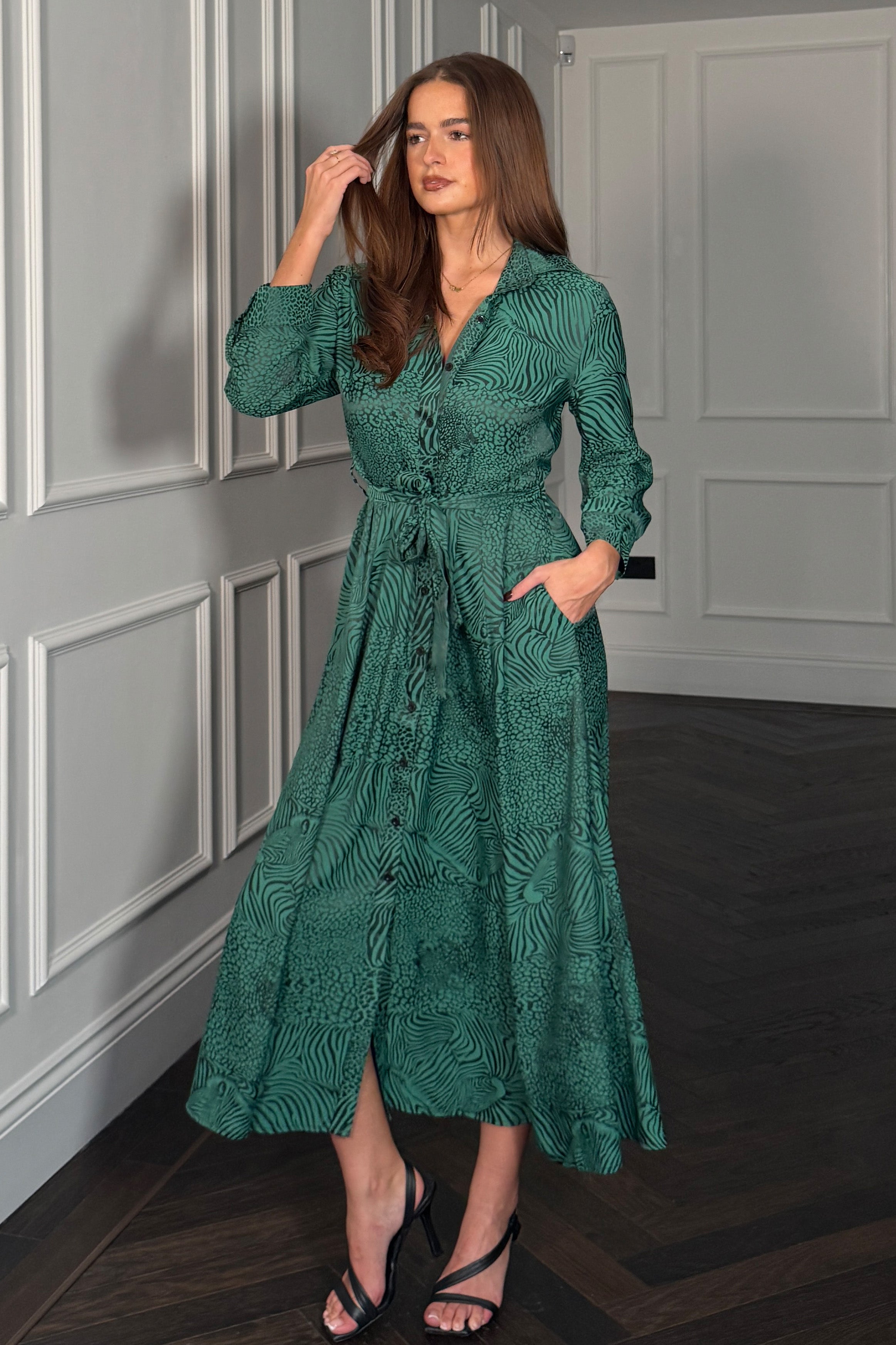 Angela Long Sleeve Maxi Shirt Dress Green Animal