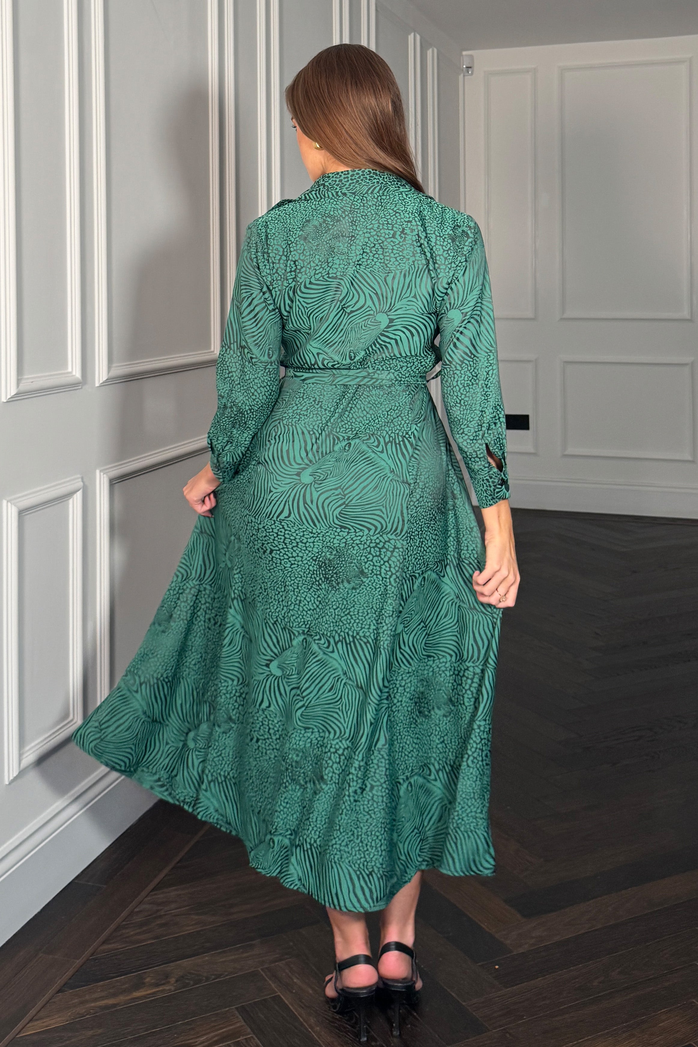Angela Long Sleeve Maxi Shirt Dress Green Animal