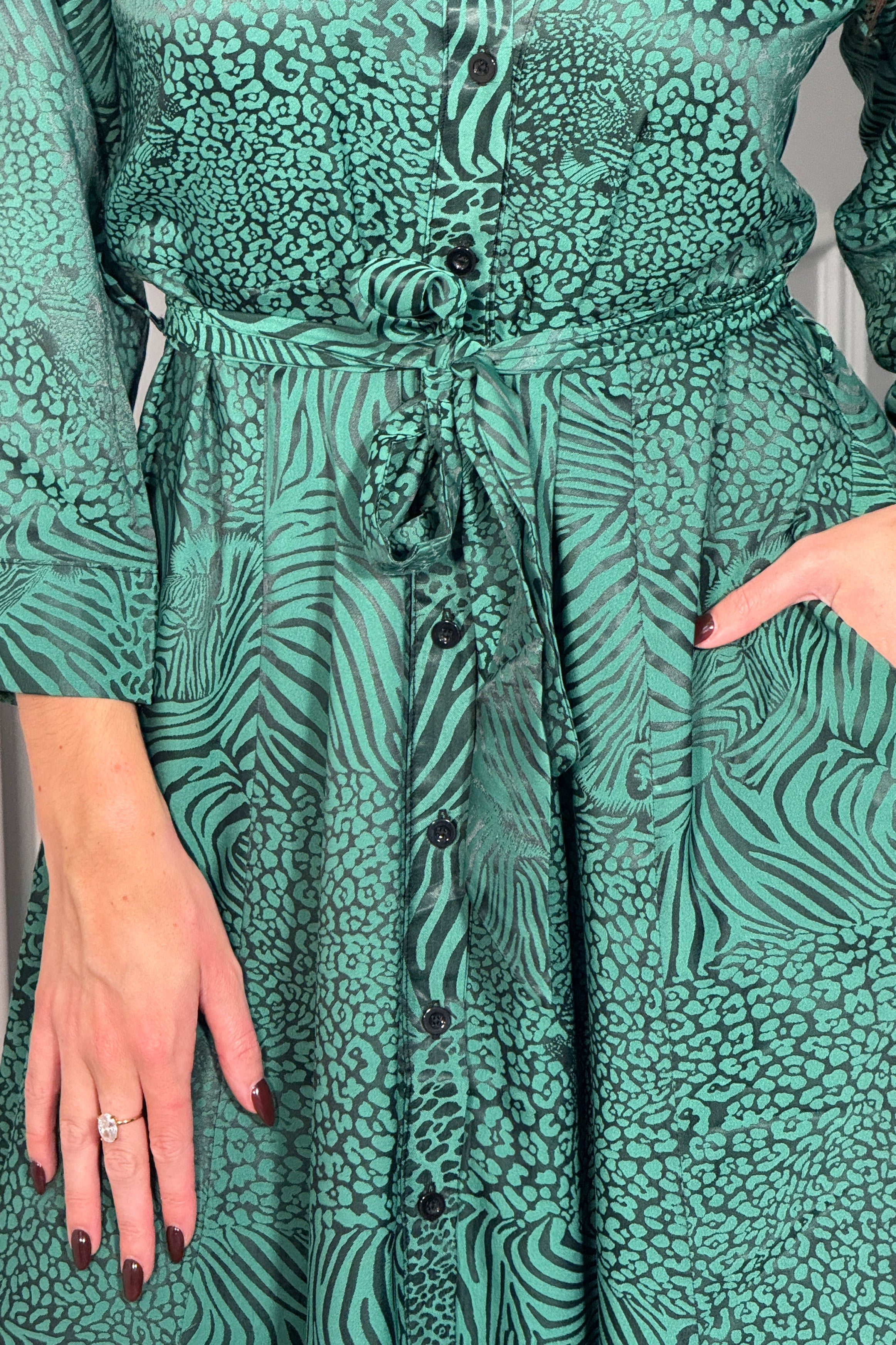 Angela Long Sleeve Maxi Shirt Dress Green Animal