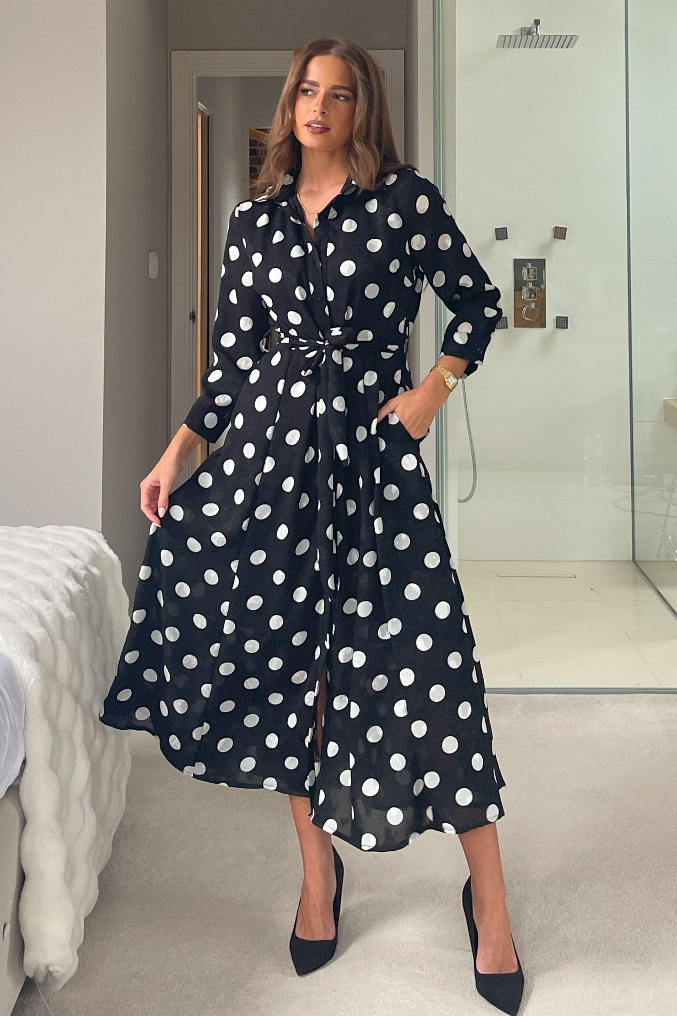 Angela Long Sleeve Maxi Shirt Dress Spot Burnout