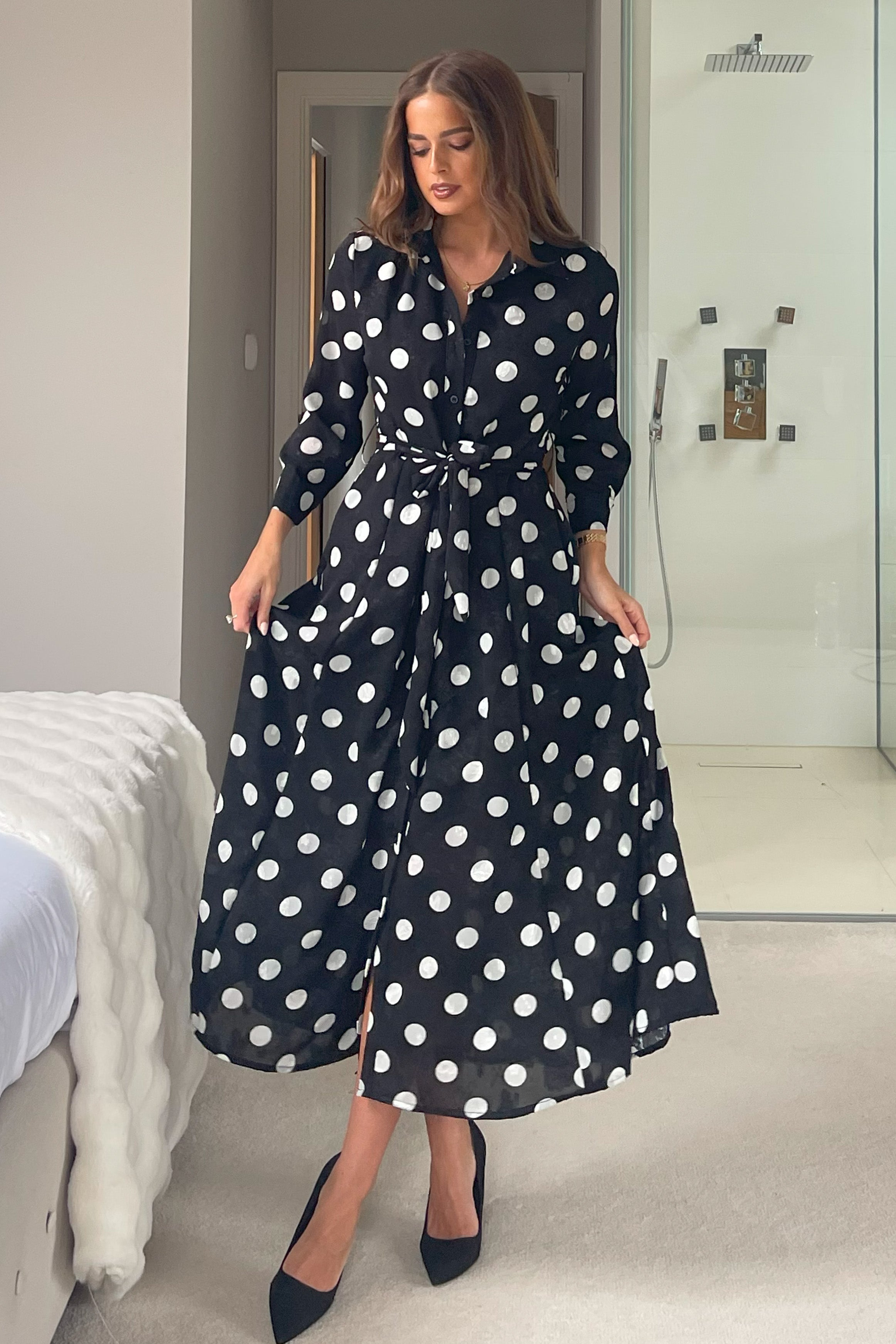 Angela Long Sleeve Maxi Shirt Dress Spot Burnout