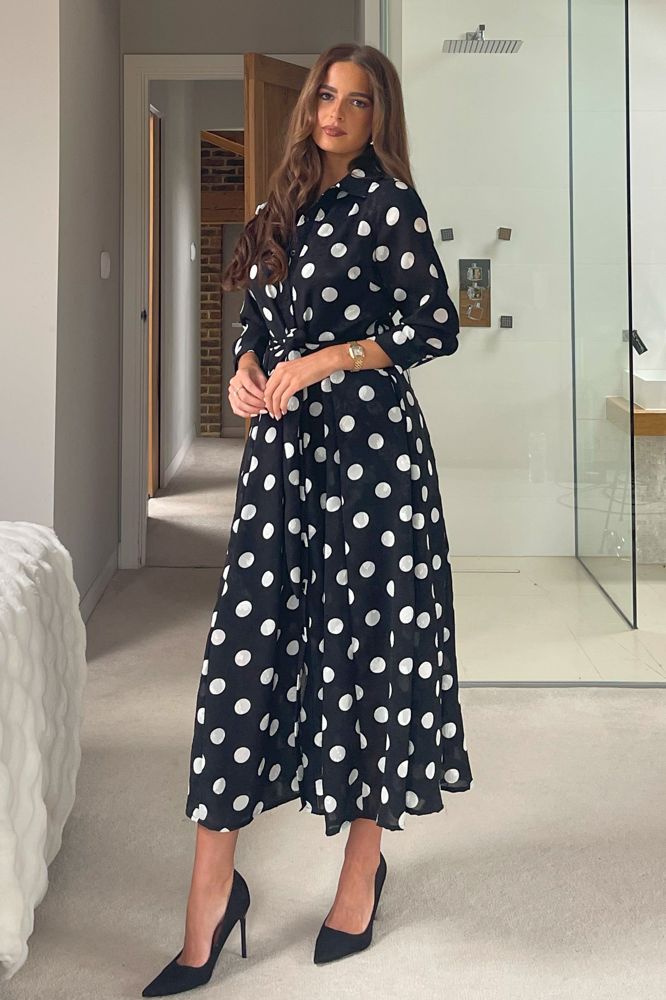 Angela Long Sleeve Maxi Shirt Dress Spot Burnout