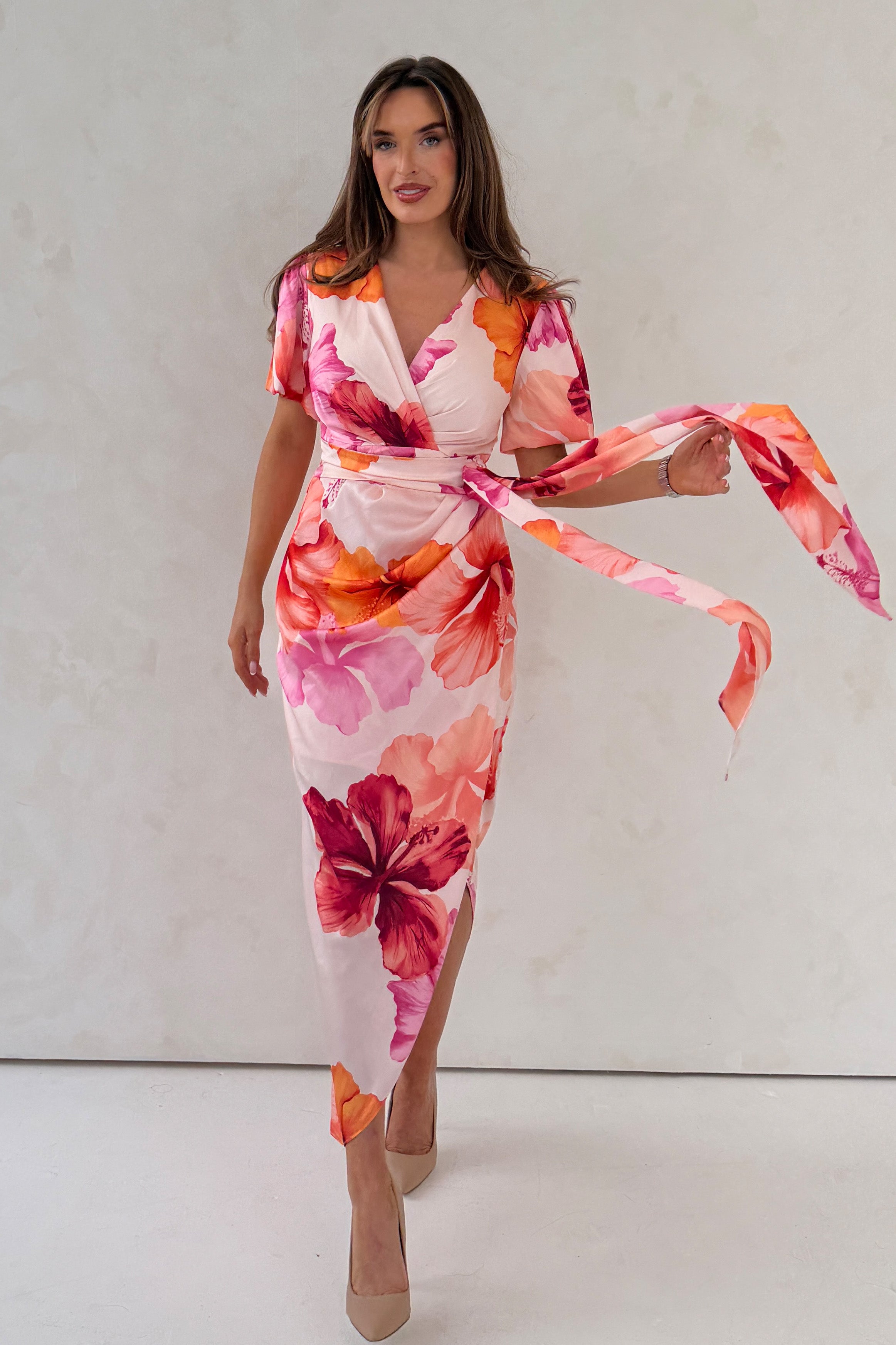 Drew Puff Sleeve Wrap Front Midi Dress Floral Print