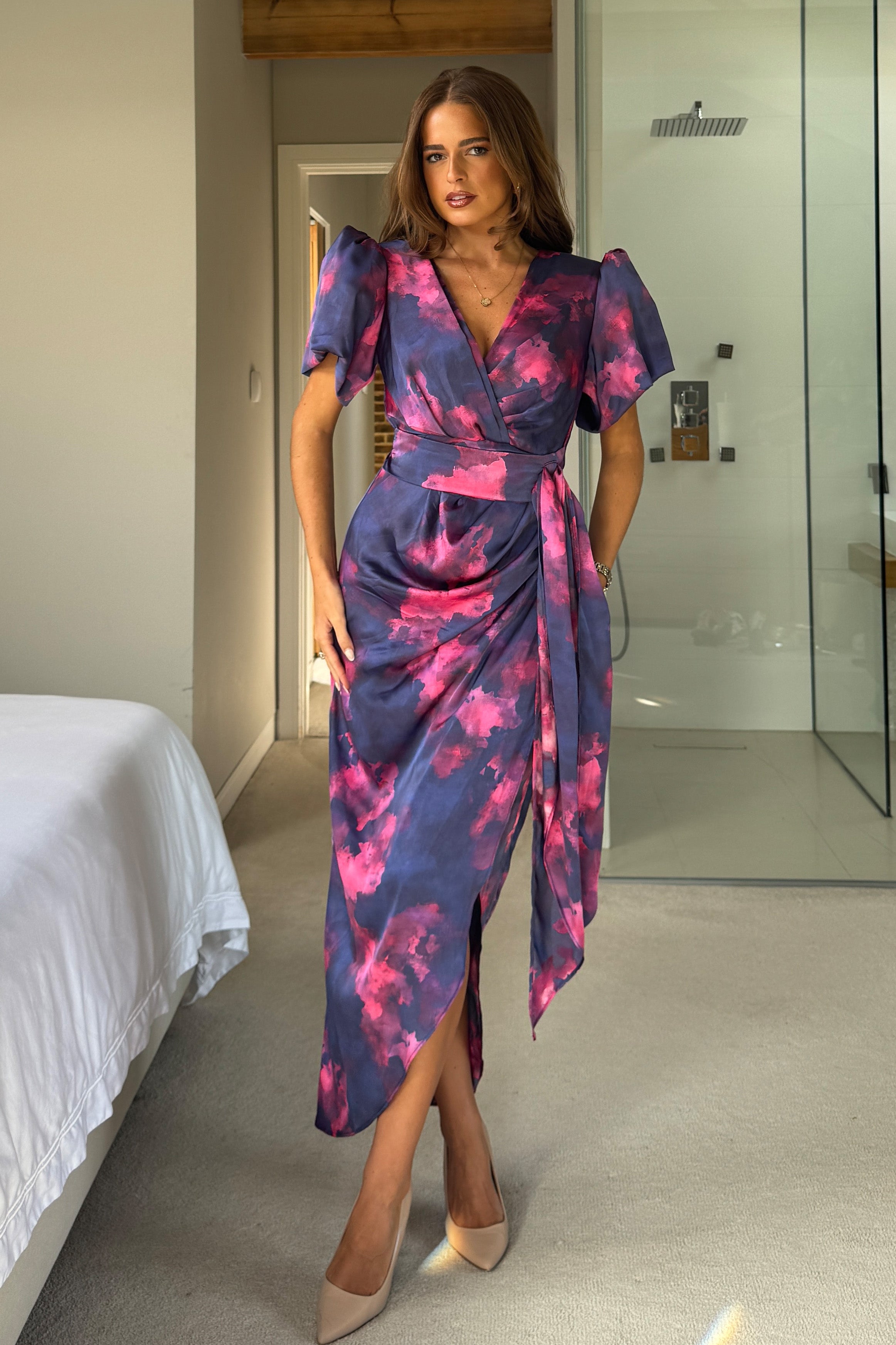 Drew Puff Sleeve Wrap Front Midi Dress Blue Marble *NEW FIT*